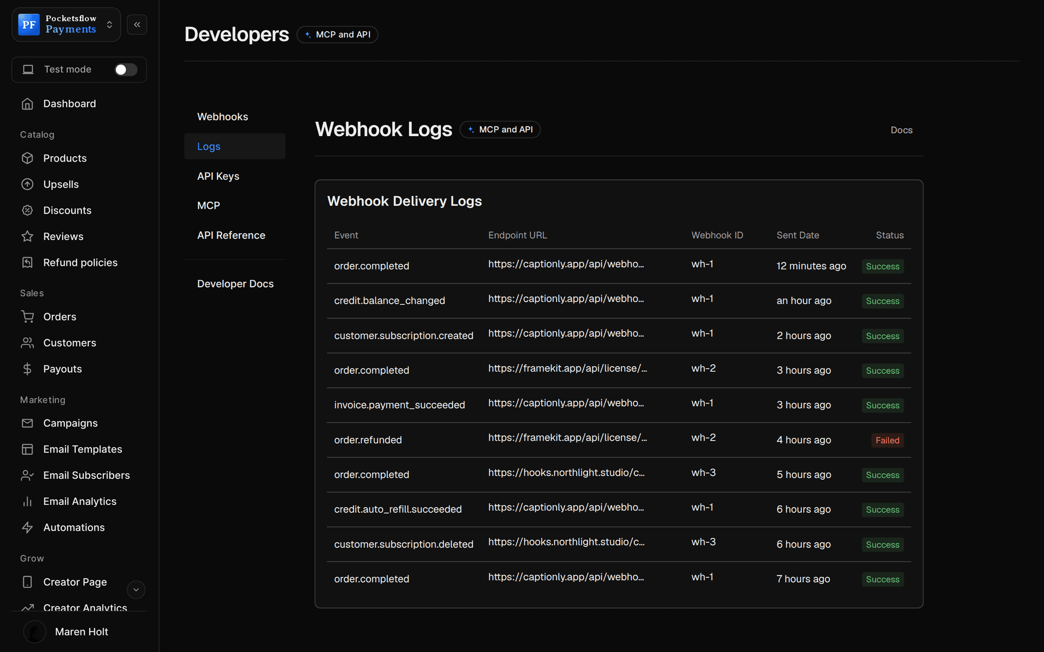 Webhook delivery logs: order.completed, credit.balance_changed, customer.subscription.created, invoice.payment_succeeded, order.refunded (failed), credit.auto_refill.succeeded and more, with endpoint, webhook, time and status