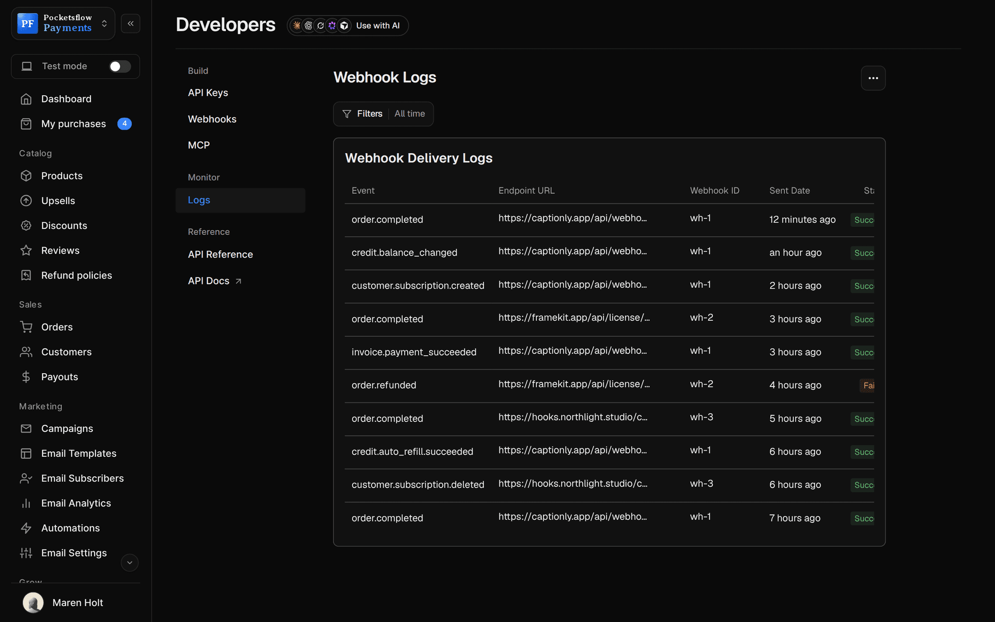Webhook delivery logs: order.completed, credit.balance_changed, customer.subscription.created, invoice.payment_succeeded, order.refunded (failed), credit.auto_refill.succeeded and more, with endpoint, webhook, time and status