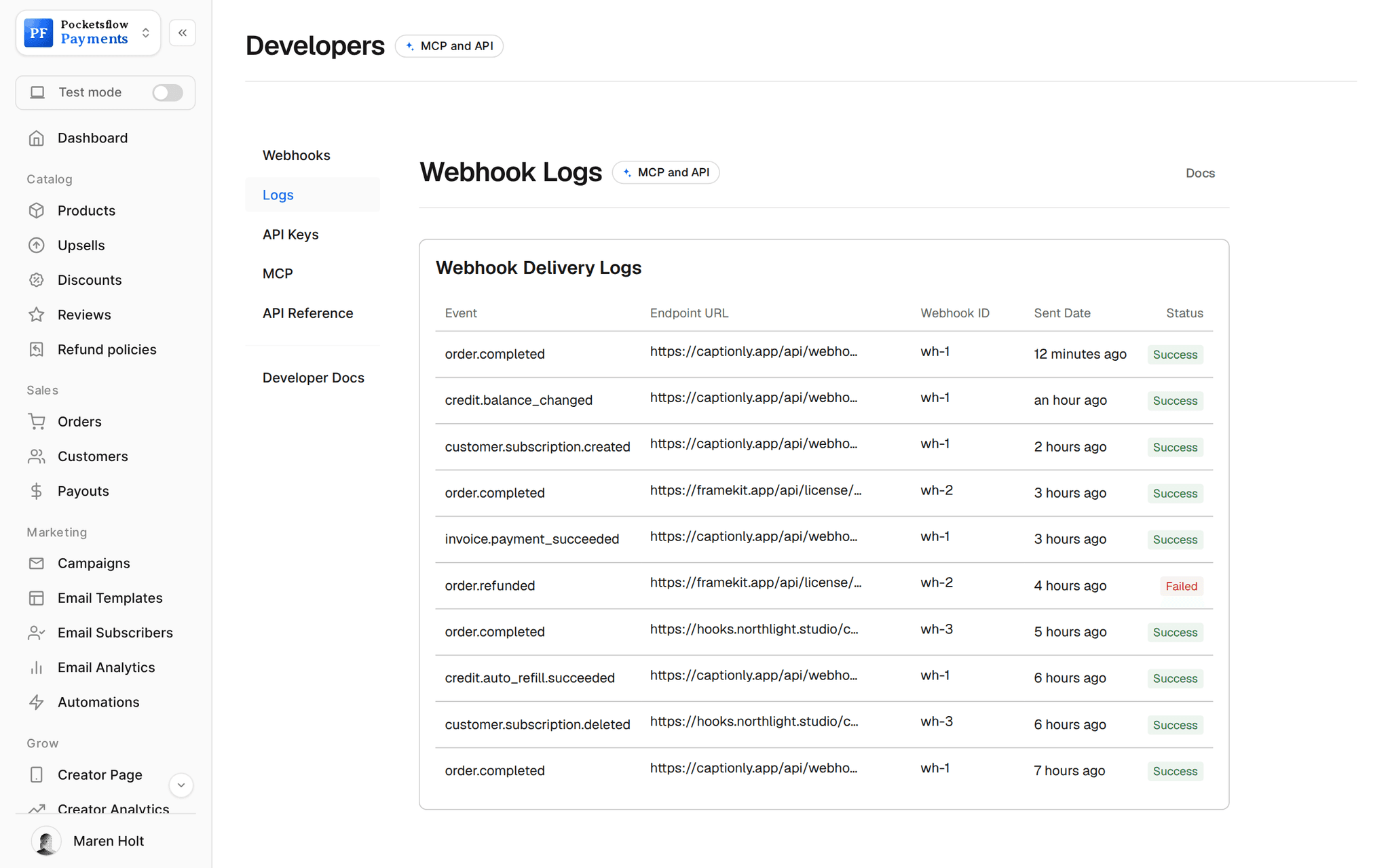 Webhook delivery logs: order.completed, credit.balance_changed, customer.subscription.created, invoice.payment_succeeded, order.refunded (failed), credit.auto_refill.succeeded and more, with endpoint, webhook, time and status