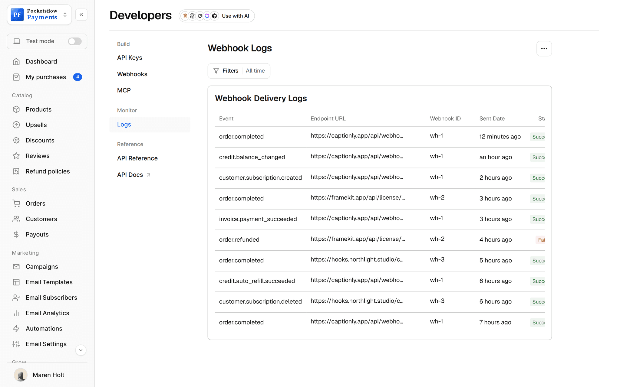 Webhook delivery logs: order.completed, credit.balance_changed, customer.subscription.created, invoice.payment_succeeded, order.refunded (failed), credit.auto_refill.succeeded and more, with endpoint, webhook, time and status