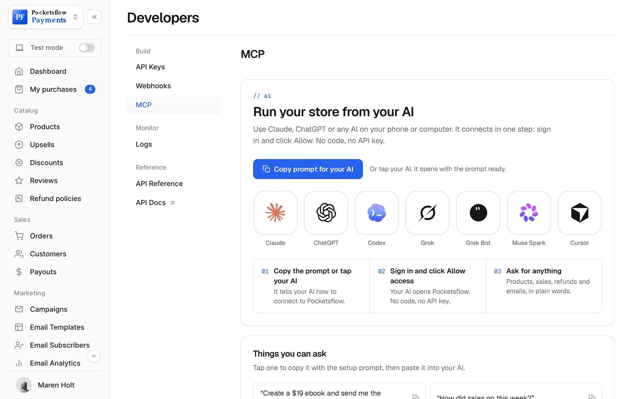 Developers, MCP: Run your store from your AI, a Copy prompt for your AI button, one-tap buttons for Claude, ChatGPT, Codex, Grok, Grok Bot, Muse Spark and Cursor, and three steps: copy the prompt, sign in and click Allow access, then ask for anything
