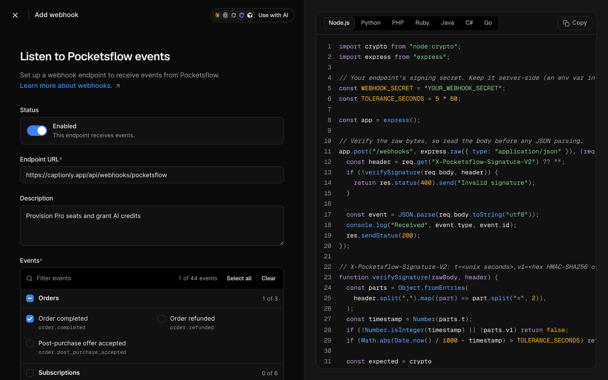 Create webhook form with endpoint URL captionly.app/api/webhooks/pocketsflow, a description and the Order completed event, beside Node.js example code that verifies the x-pocketsflow-signature header