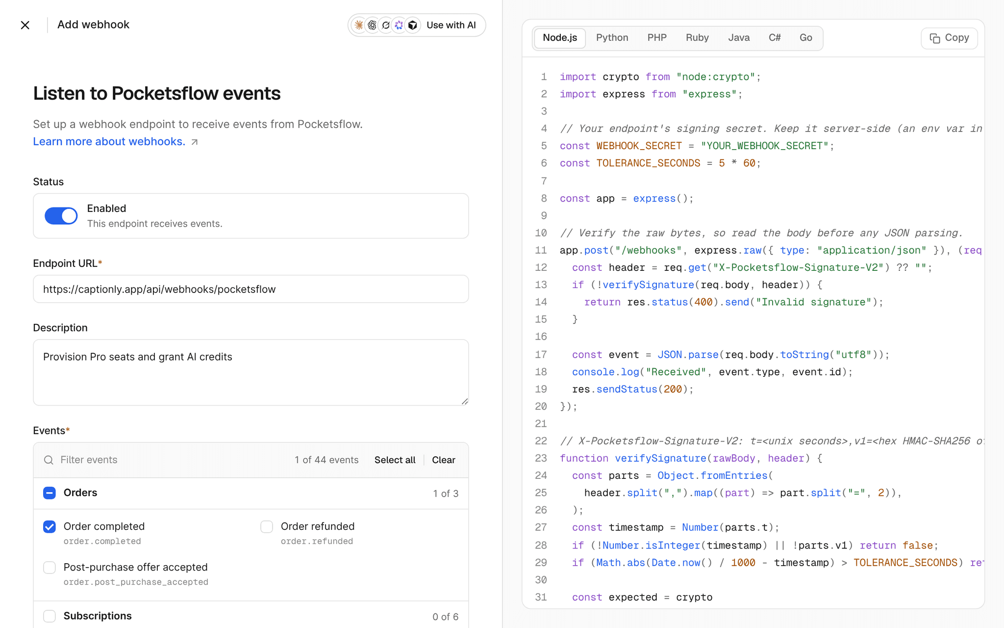 Create webhook form with endpoint URL captionly.app/api/webhooks/pocketsflow, a description and the Order completed event, beside Node.js example code that verifies the x-pocketsflow-signature header