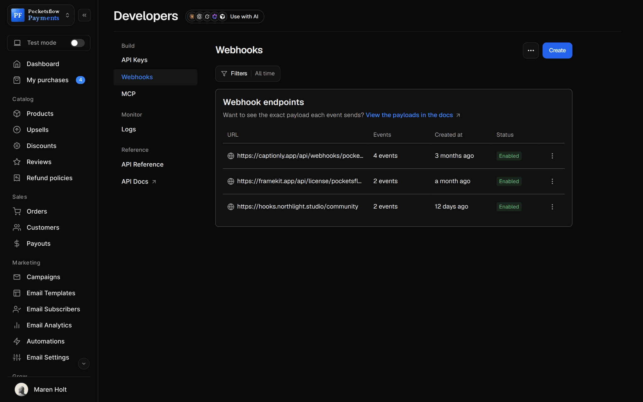Developers, Webhooks: three enabled endpoints (captionly.app, framekit.app and hooks.northlight.studio) with the number of events and created date