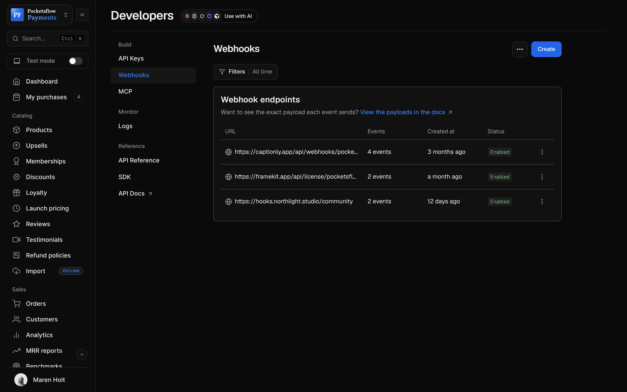 Developers, Webhooks: three enabled endpoints (captionly.app, framekit.app and hooks.northlight.studio) with the number of events and created date