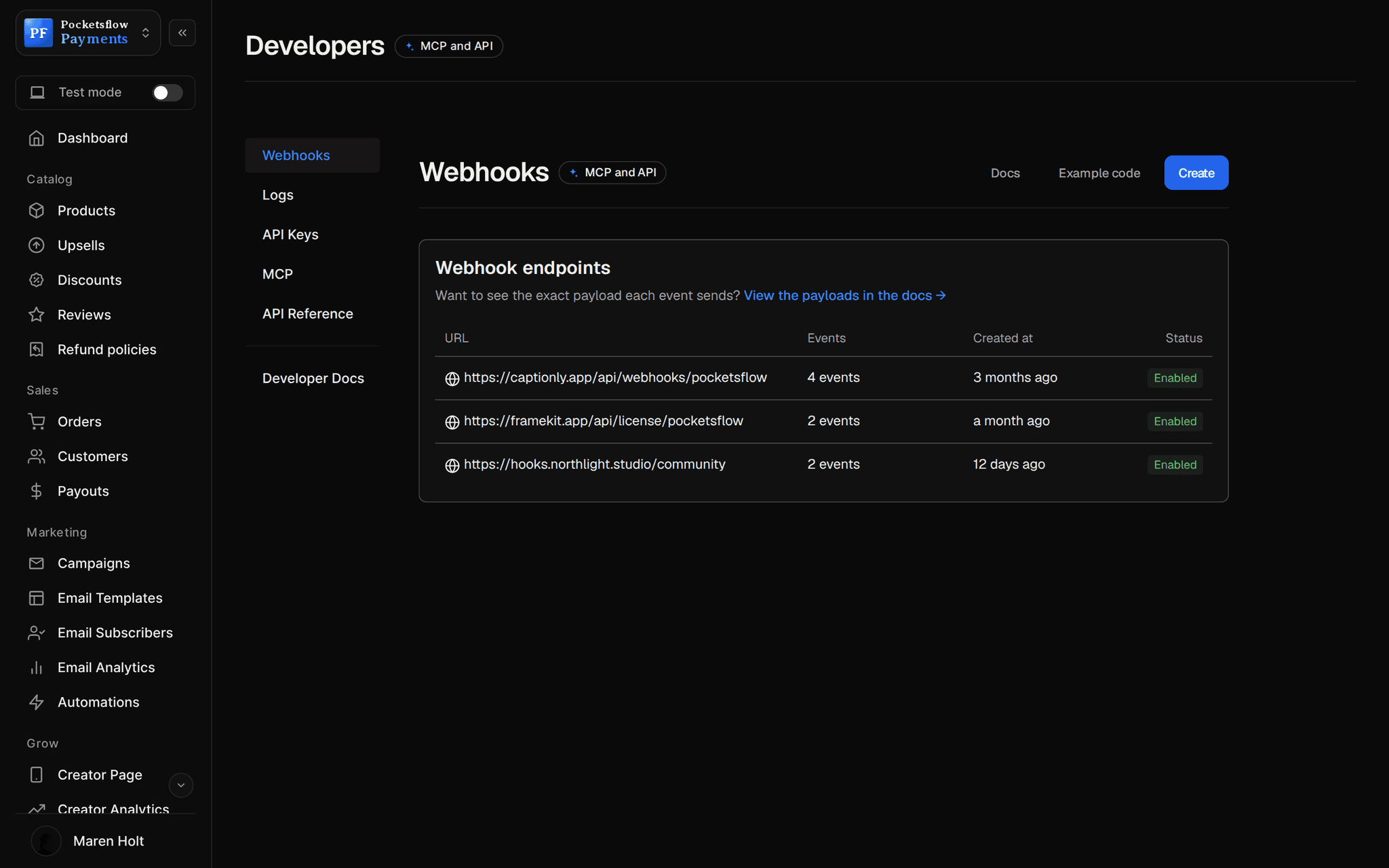 Developers, Webhooks: three enabled endpoints (captionly.app, framekit.app and hooks.northlight.studio) with the number of events and created date
