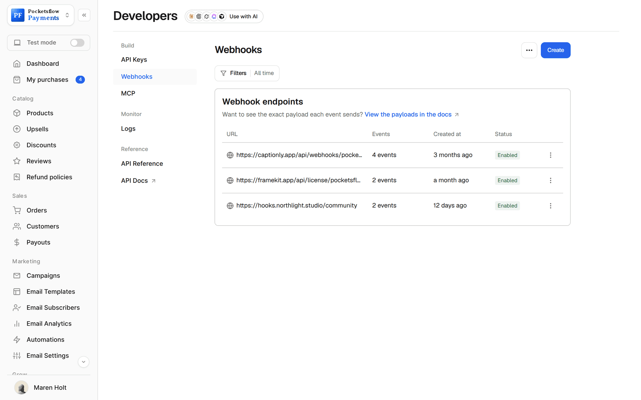 Developers, Webhooks: three enabled endpoints (captionly.app, framekit.app and hooks.northlight.studio) with the number of events and created date