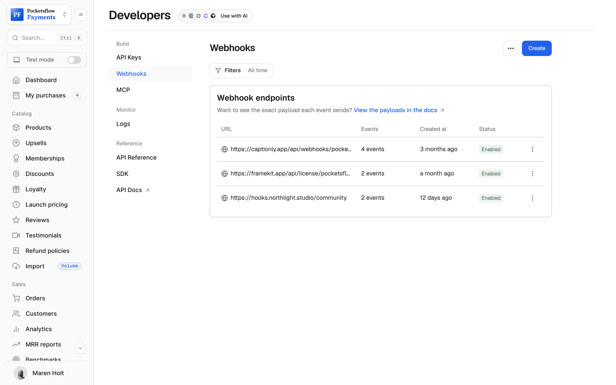 Developers, Webhooks: three enabled endpoints (captionly.app, framekit.app and hooks.northlight.studio) with the number of events and created date