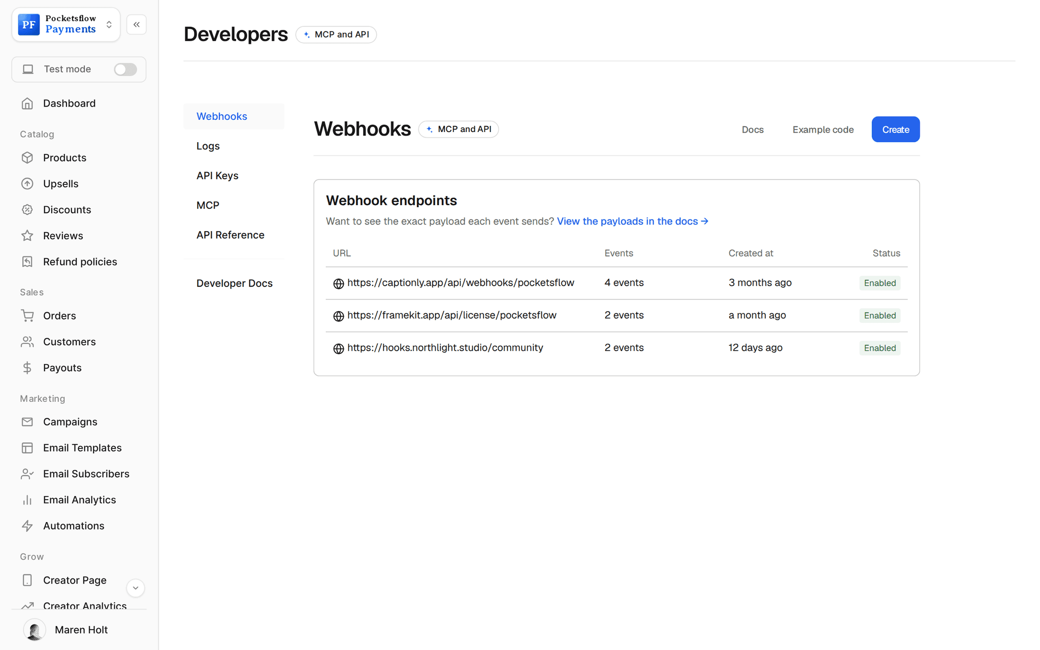 Developers, Webhooks: three enabled endpoints (captionly.app, framekit.app and hooks.northlight.studio) with the number of events and created date