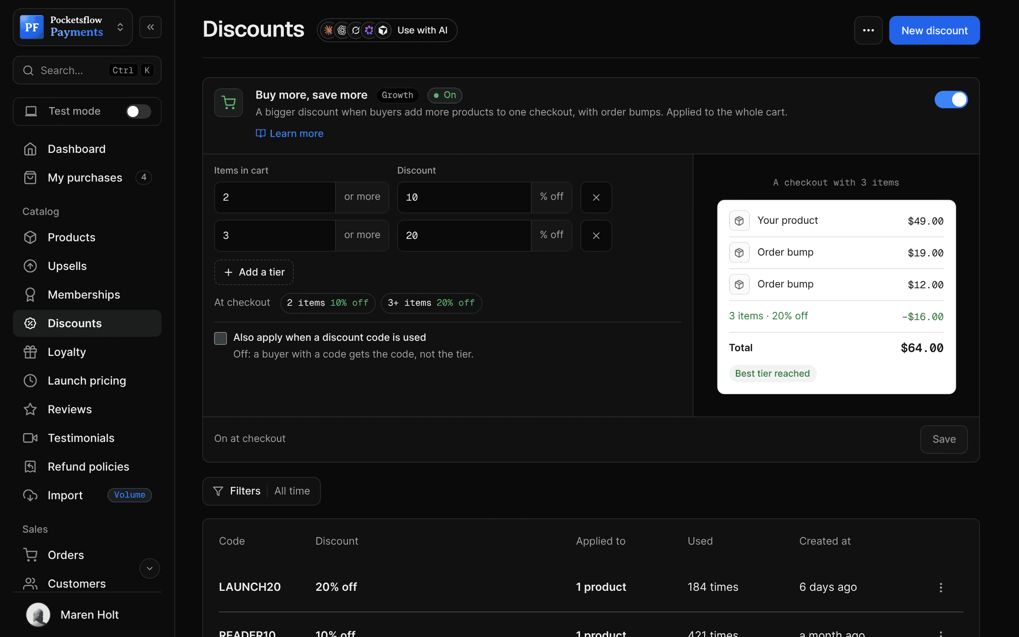Discounts list with codes LAUNCH20, READER10, SUMMER30, STUDENT, BUNDLE25 and COMEBACK, their value, products, times used and created date