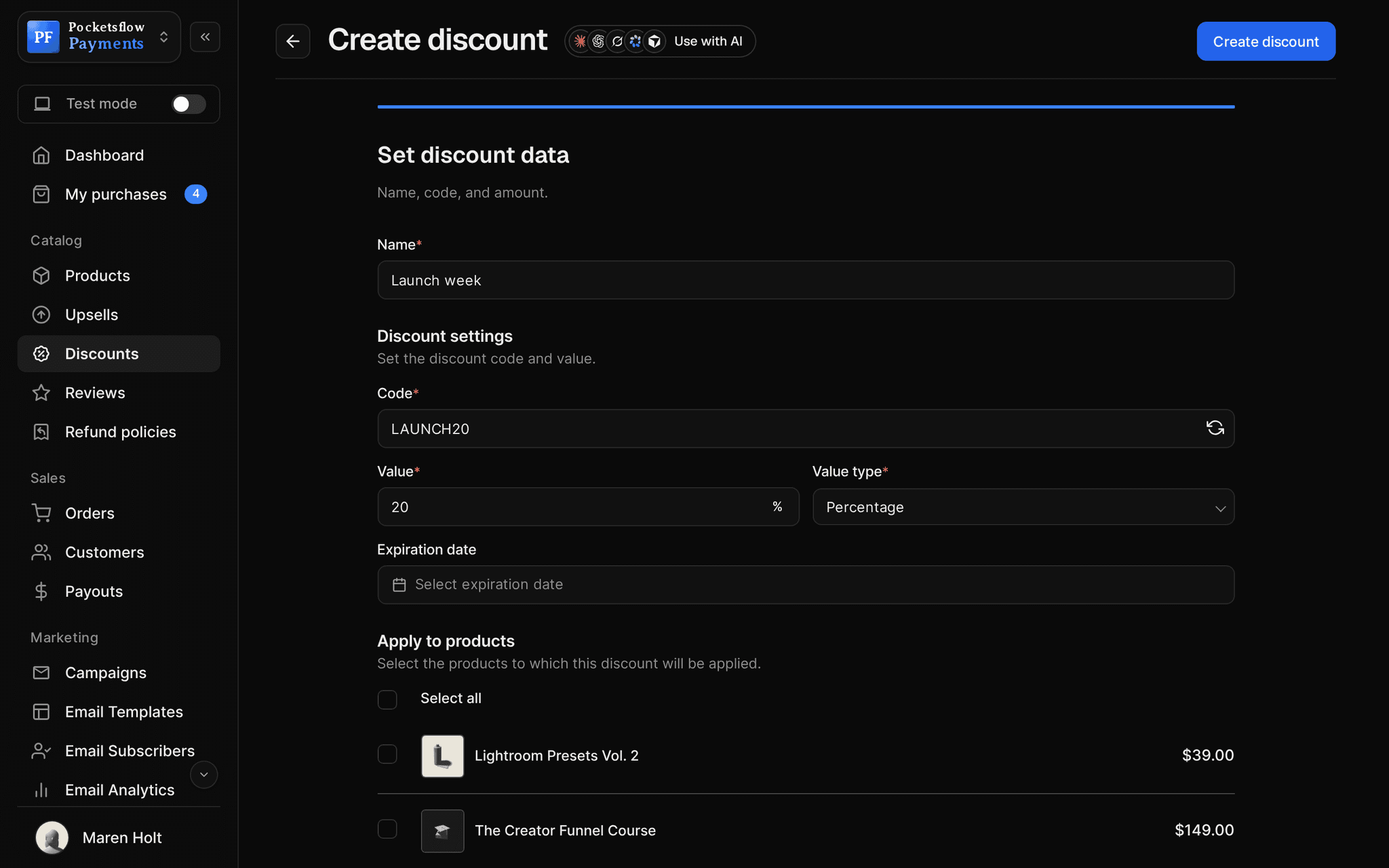 Create discount form with name Launch week, code LAUNCH20, value 20 percent, an optional expiration date and products to apply to