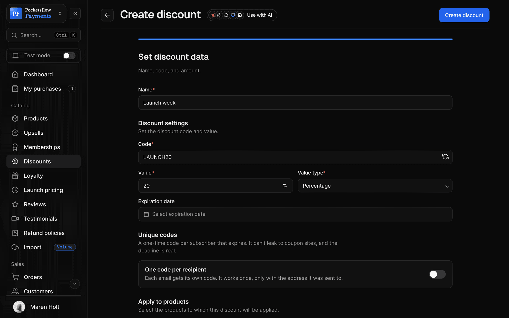 Create discount form with name Launch week, code LAUNCH20, value 20 percent, an optional expiration date and products to apply to