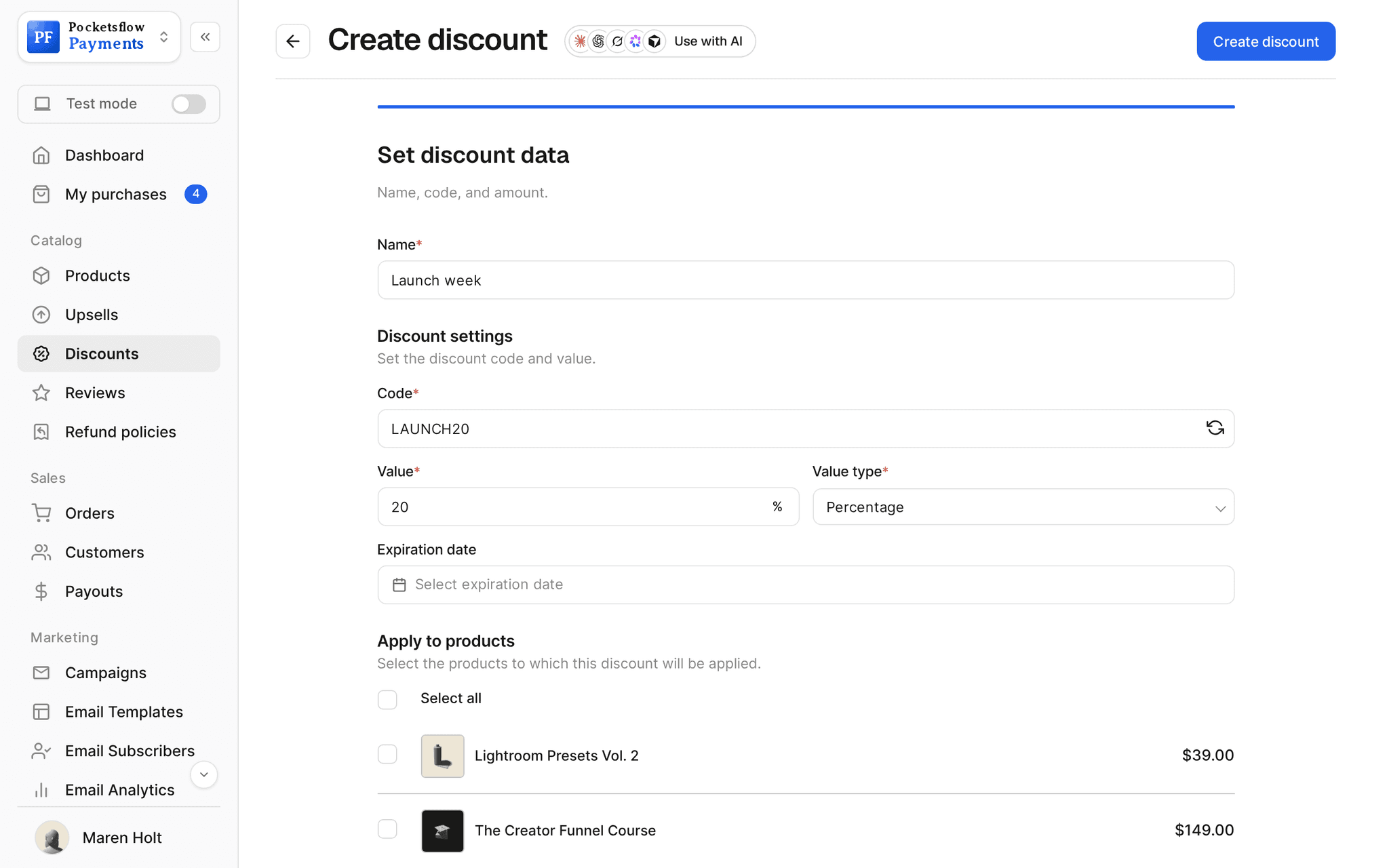 Create discount form with name Launch week, code LAUNCH20, value 20 percent, an optional expiration date and products to apply to