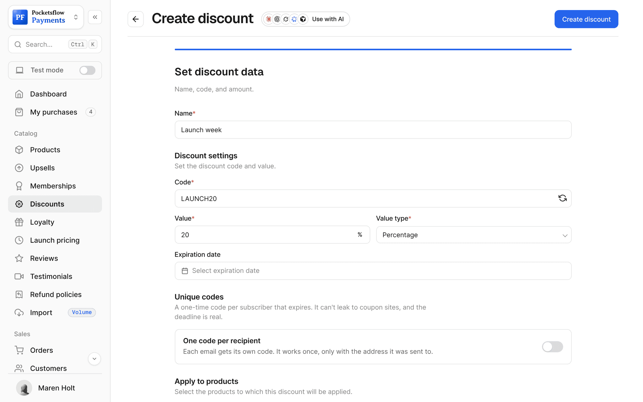 Create discount form with name Launch week, code LAUNCH20, value 20 percent, an optional expiration date and products to apply to