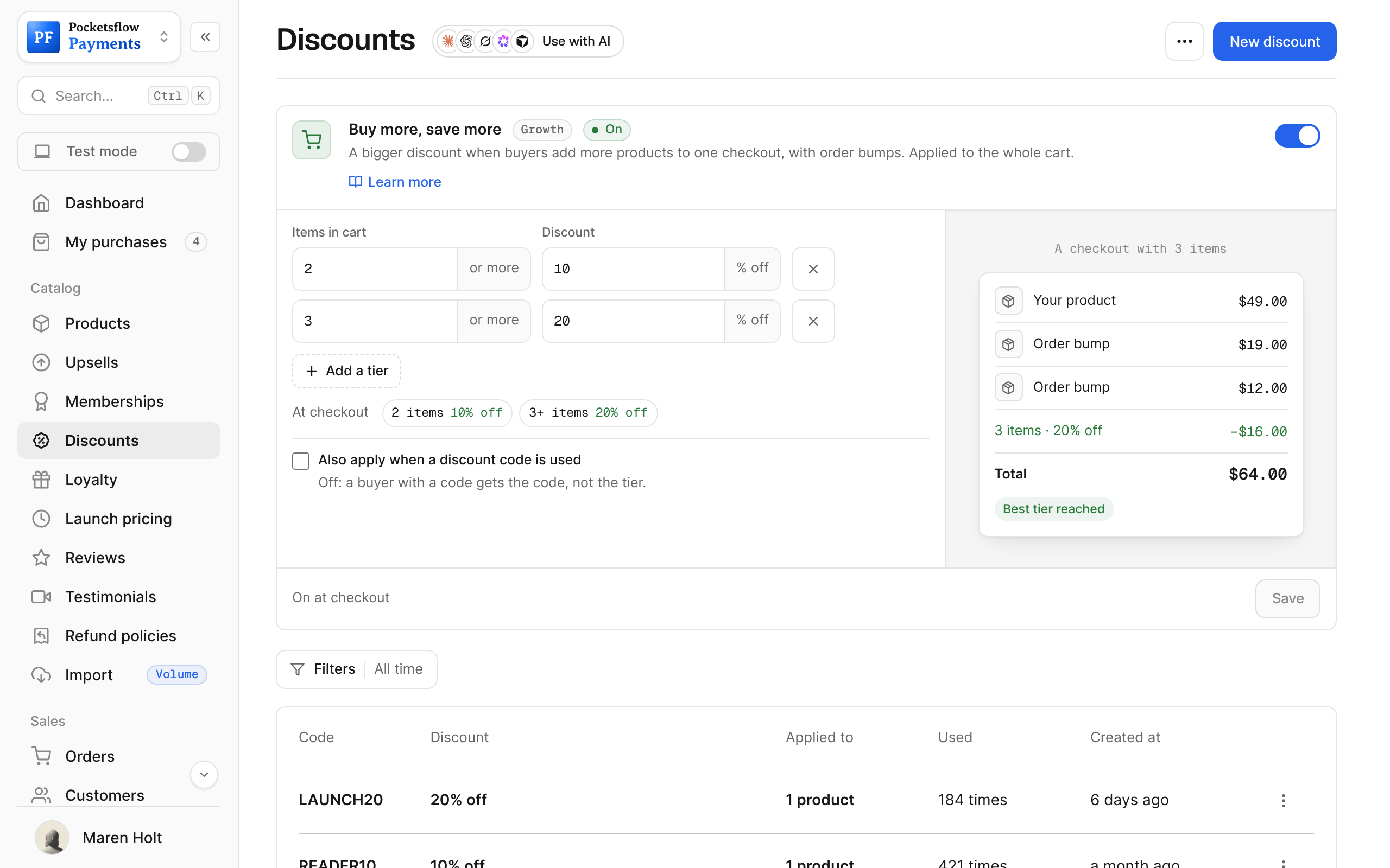 Discounts list with codes LAUNCH20, READER10, SUMMER30, STUDENT, BUNDLE25 and COMEBACK, their value, products, times used and created date
