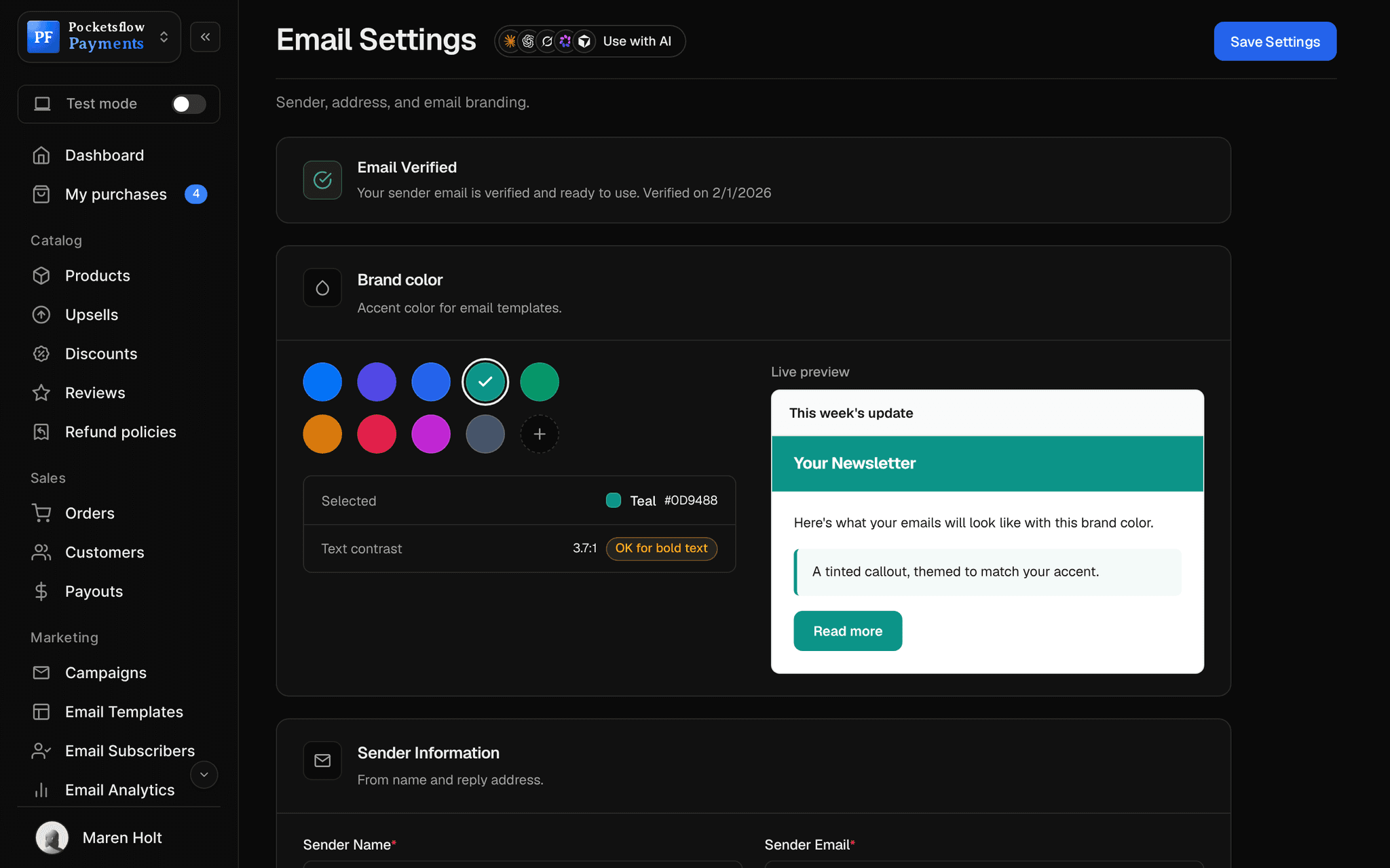 Email settings with a verified sender email, brand color picker with live preview, and sender information