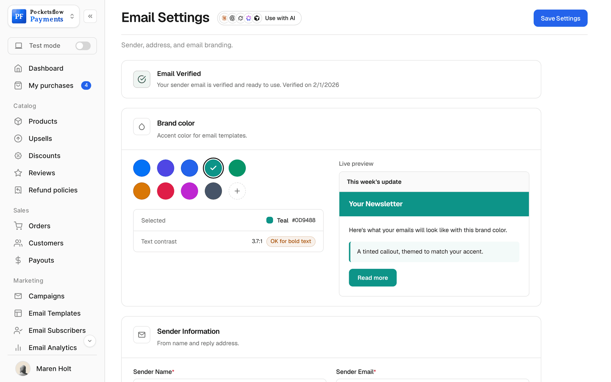 Email settings with a verified sender email, brand color picker with live preview, and sender information