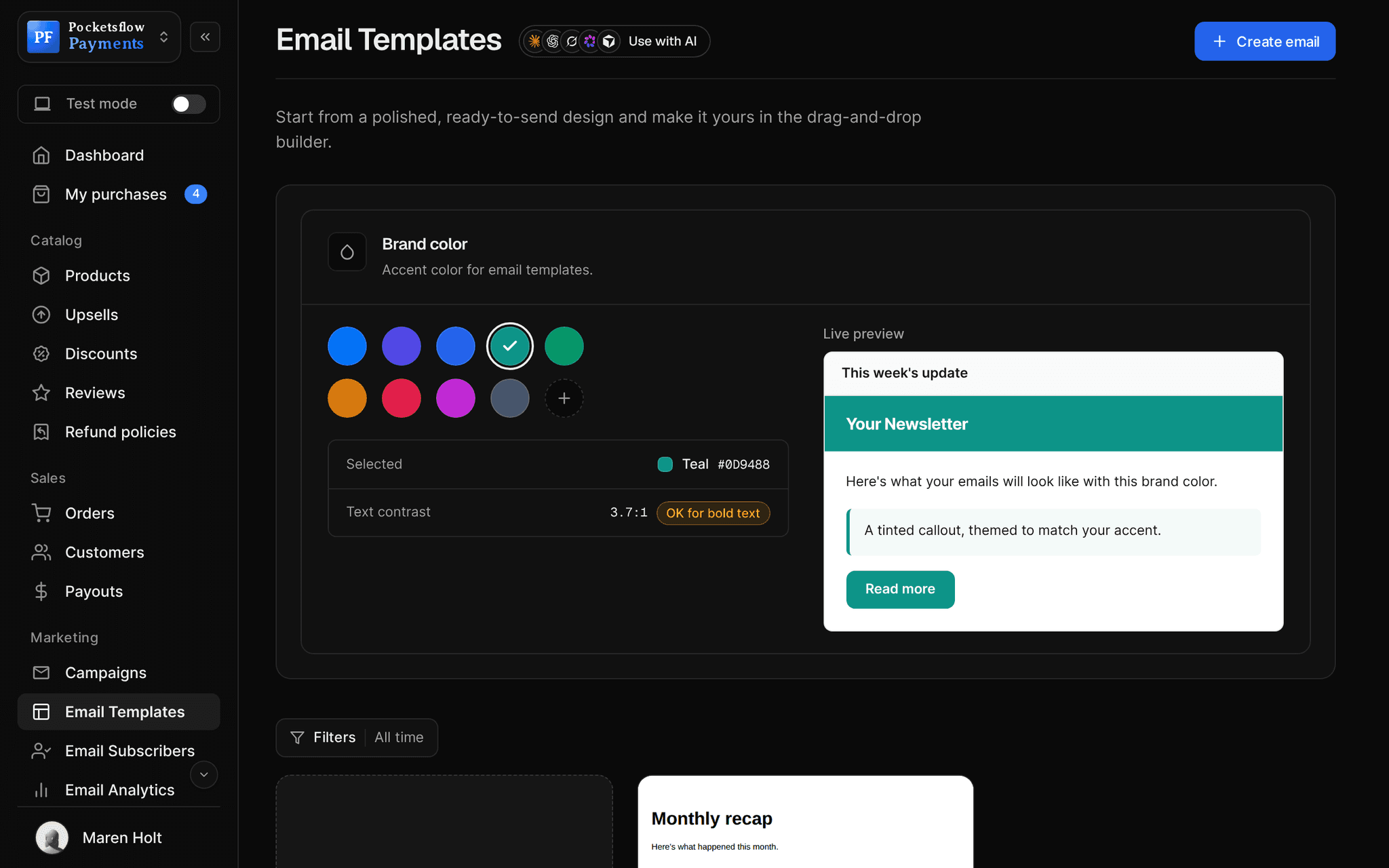 Email Templates page with the brand color picker (teal selected, contrast 3.7:1) and a live newsletter preview, above saved templates