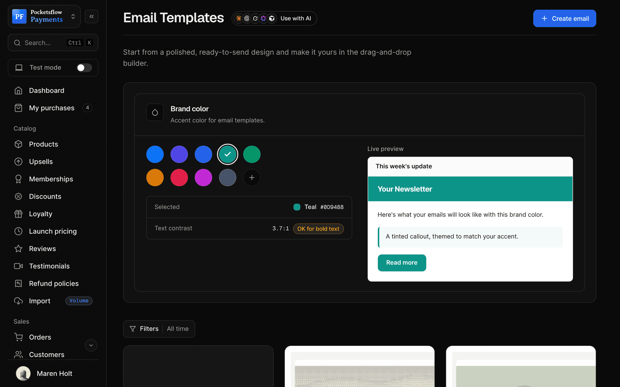 Email Templates page with the brand color picker (teal selected, contrast 3.7:1) and a live newsletter preview, above saved templates