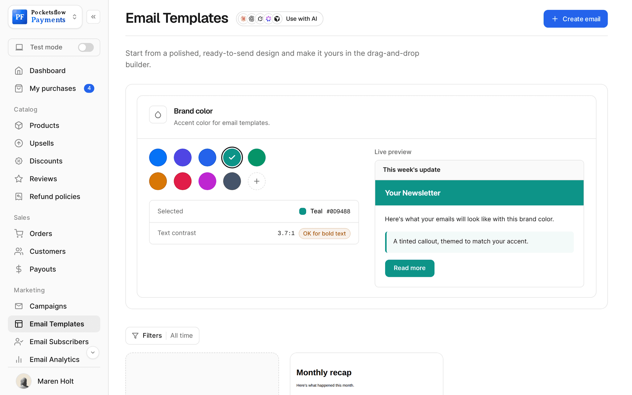 Email Templates page with the brand color picker (teal selected, contrast 3.7:1) and a live newsletter preview, above saved templates