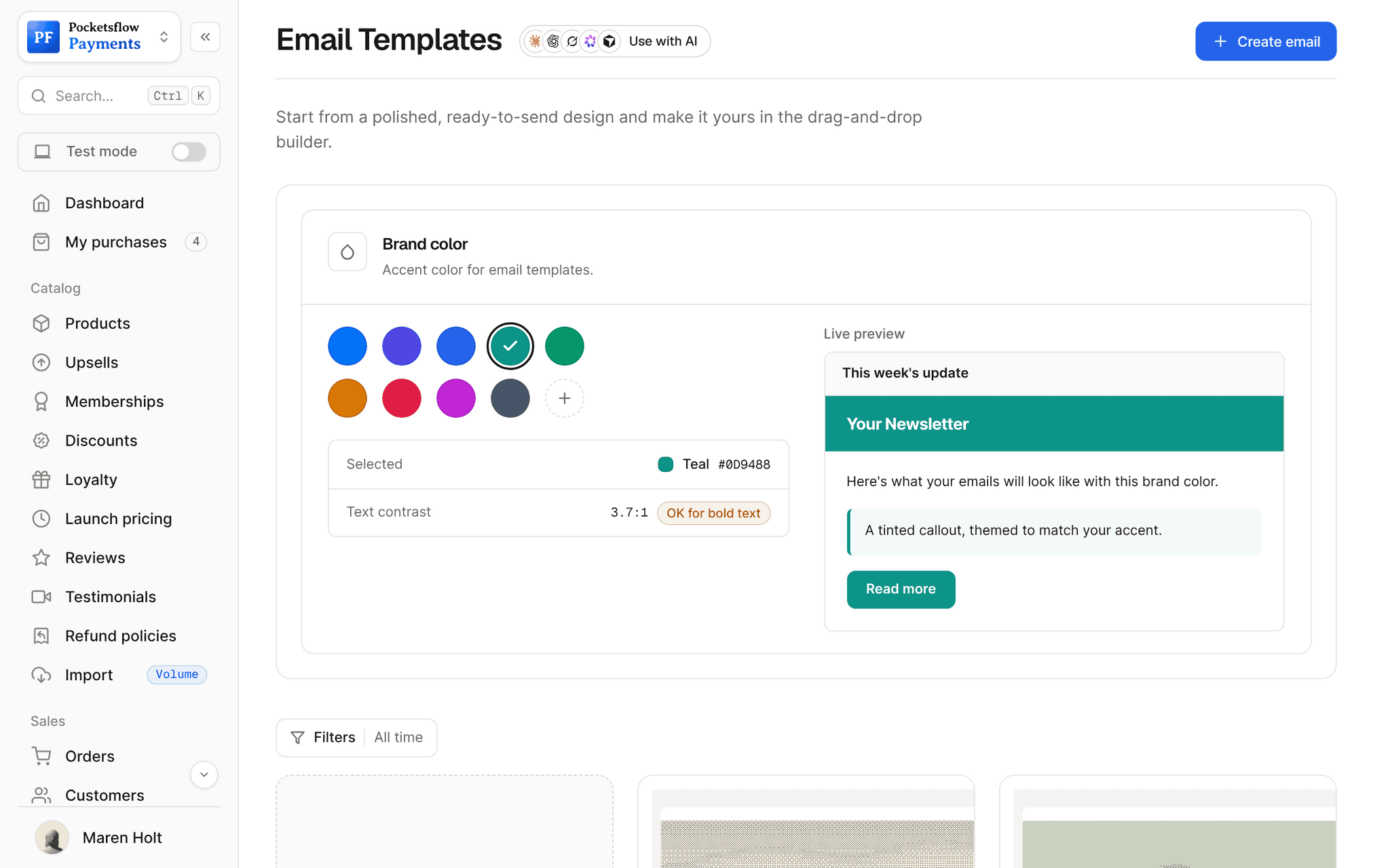 Email Templates page with the brand color picker (teal selected, contrast 3.7:1) and a live newsletter preview, above saved templates