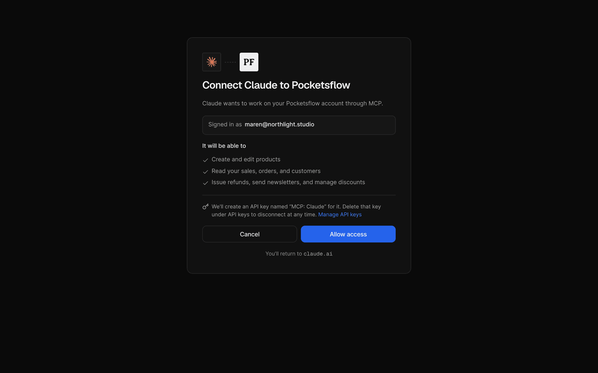 Connect Claude to Pocketsflow consent screen: signed in as maren@northlight.studio, it will be able to create and edit products, read sales, orders and customers, issue refunds, send newsletters and manage discounts, with Cancel and Allow access
