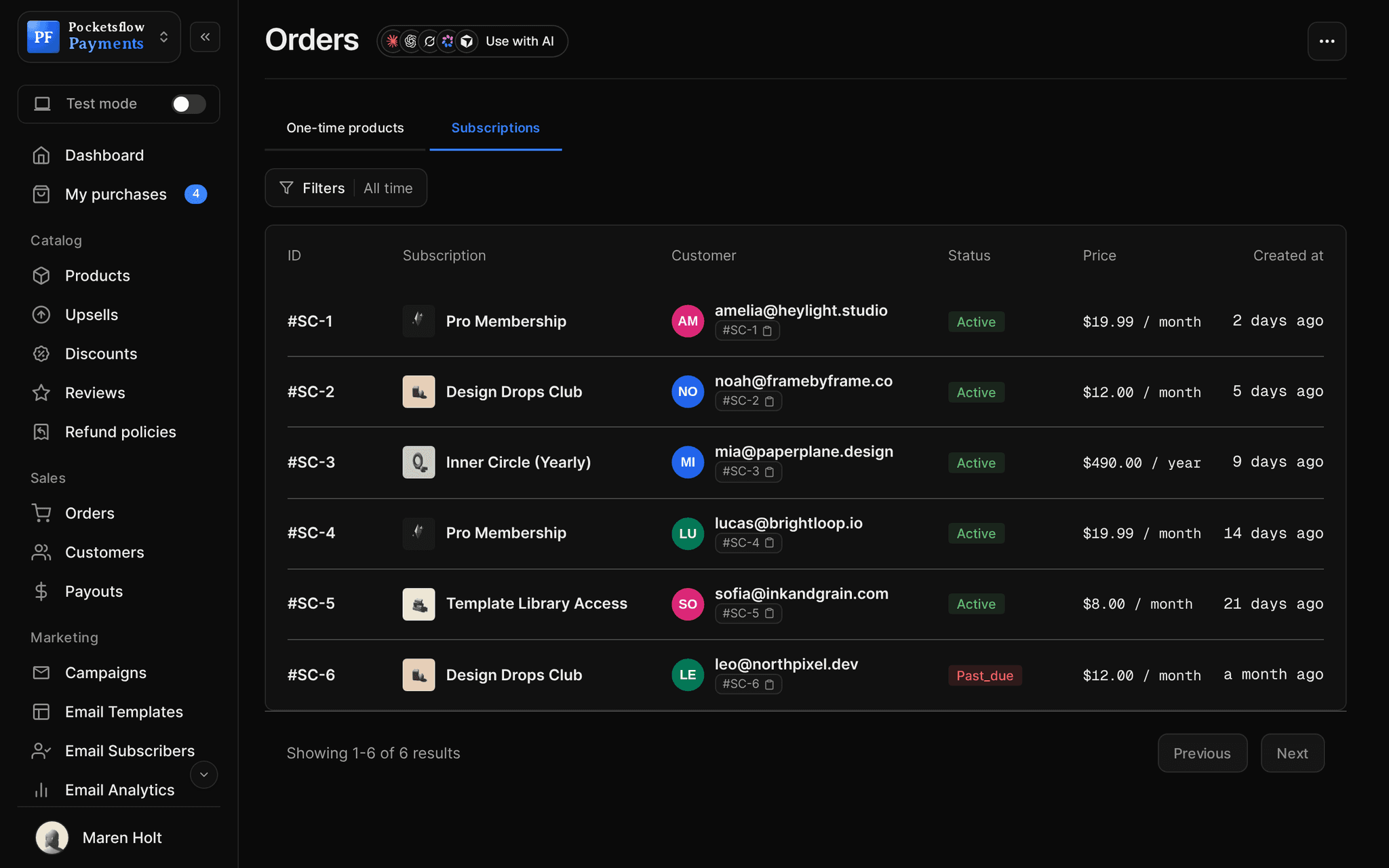 Orders, Subscriptions tab: subscribers with plan, customer email, Active or Past due status, price per month or year and start date
