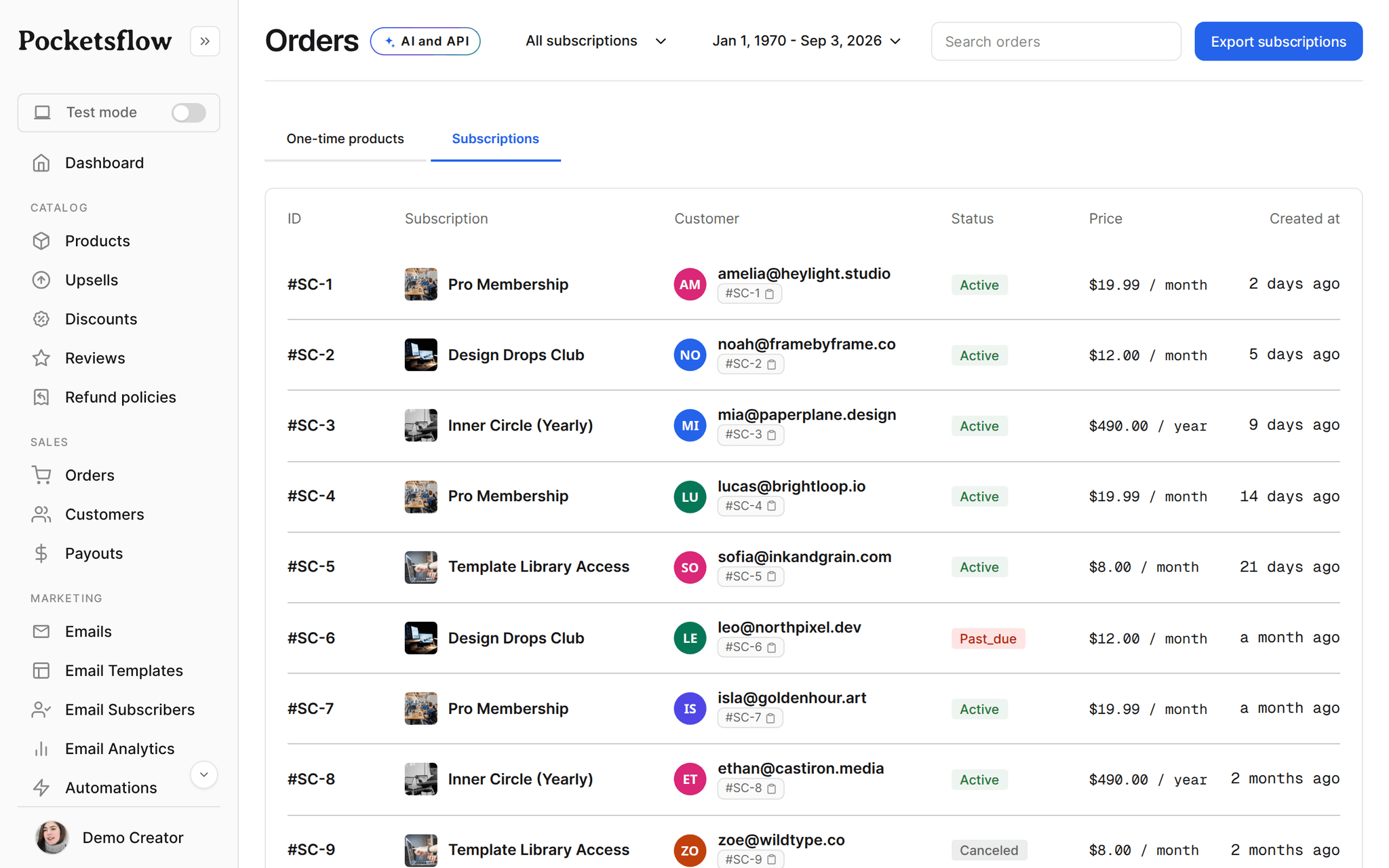 Pocketsflow orders list where invoices are available per sale