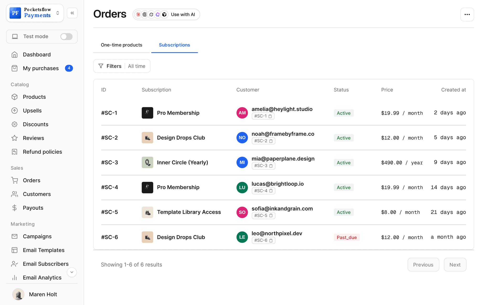 Orders, Subscriptions tab: subscribers with plan, customer email, Active or Past due status, price per month or year and start date