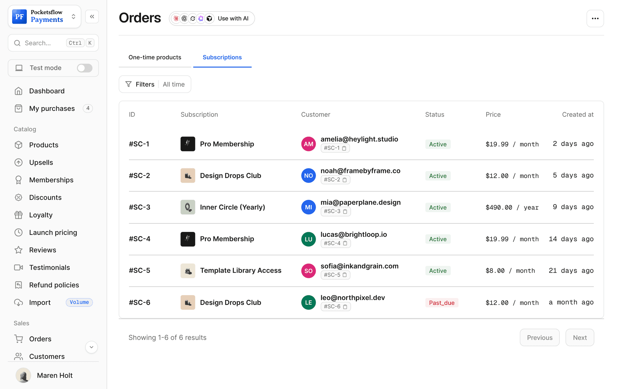 Orders, Subscriptions tab: subscribers with plan, customer email, Active or Past due status, price per month or year and start date