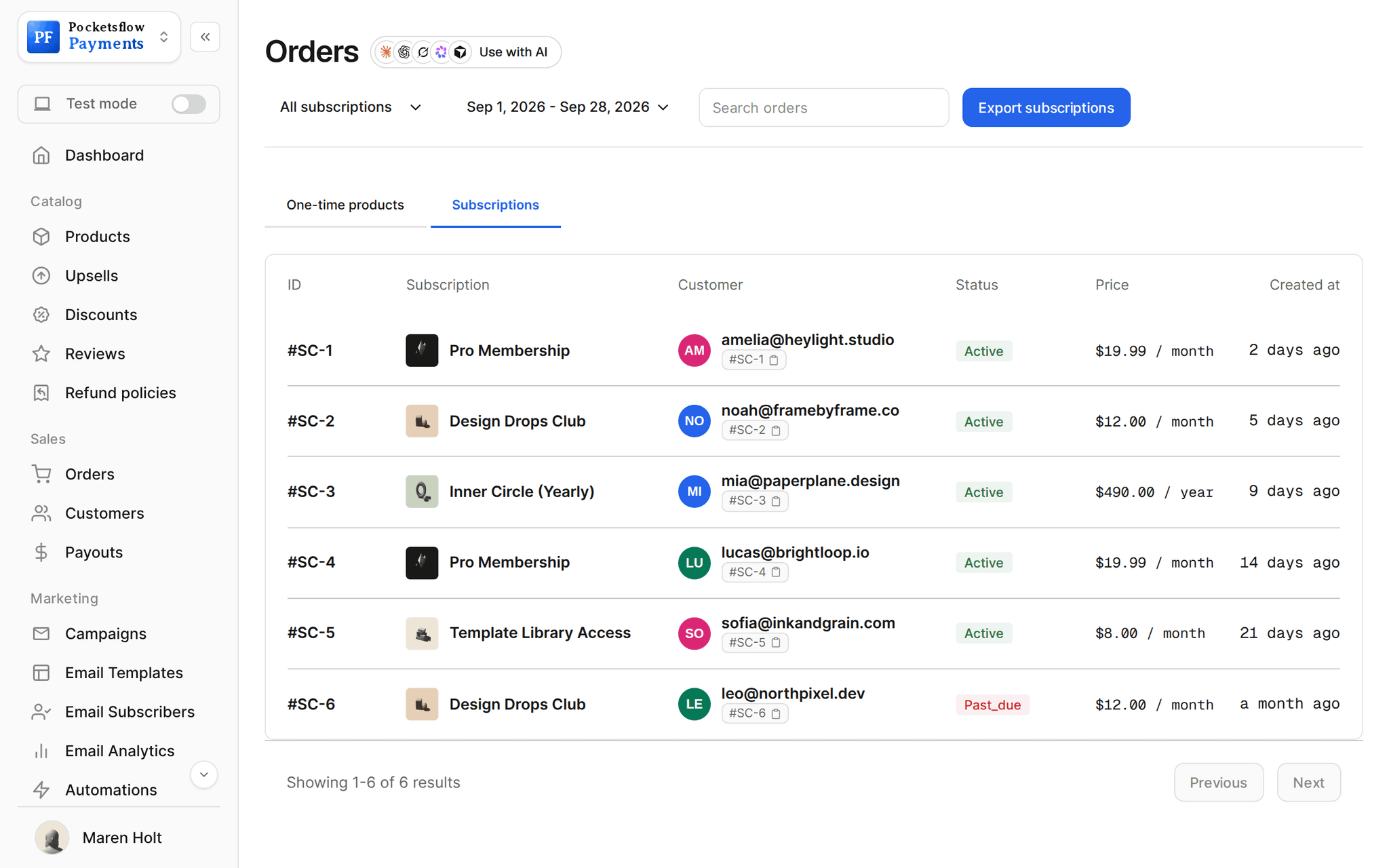 Orders, Subscriptions tab: subscribers with plan, customer email, Active or Past due status, price per month or year and start date