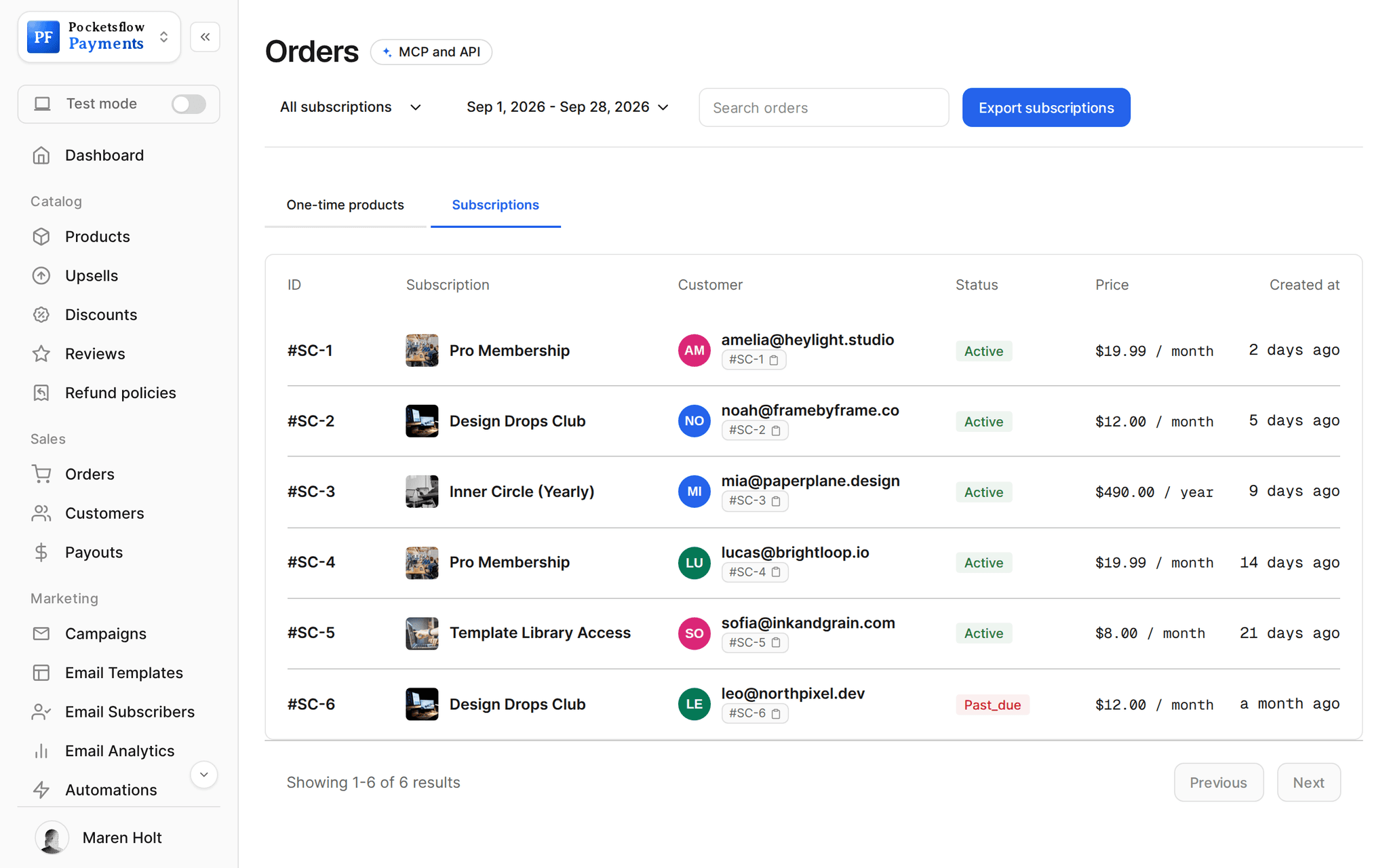 Orders, Subscriptions tab: subscribers with plan, customer email, Active or Past due status, price per month or year and start date