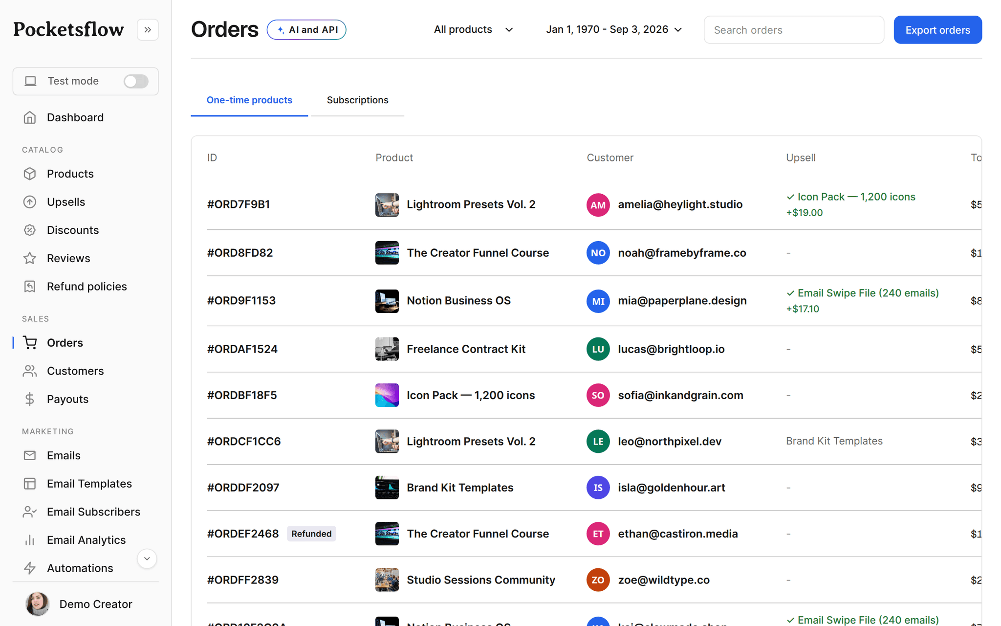 Pocketsflow orders: one time product orders with product, customer, total paid, and date.