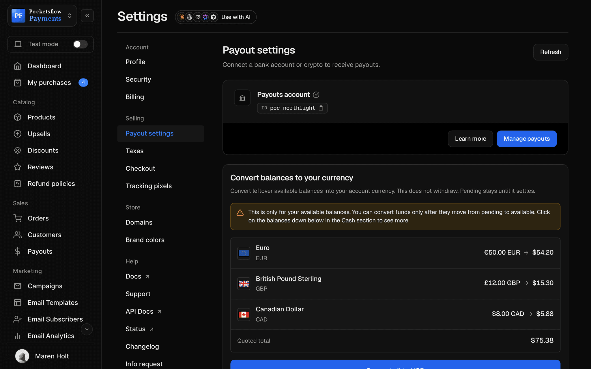 Settings, Payments: payout address (Austin, TX 78701, United States) and the payouts account card
