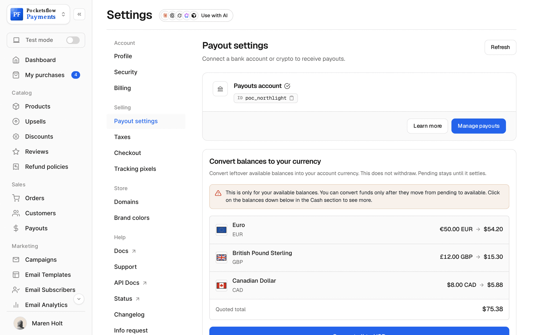 Settings, Payments: payout address (Austin, TX 78701, United States) and the payouts account card