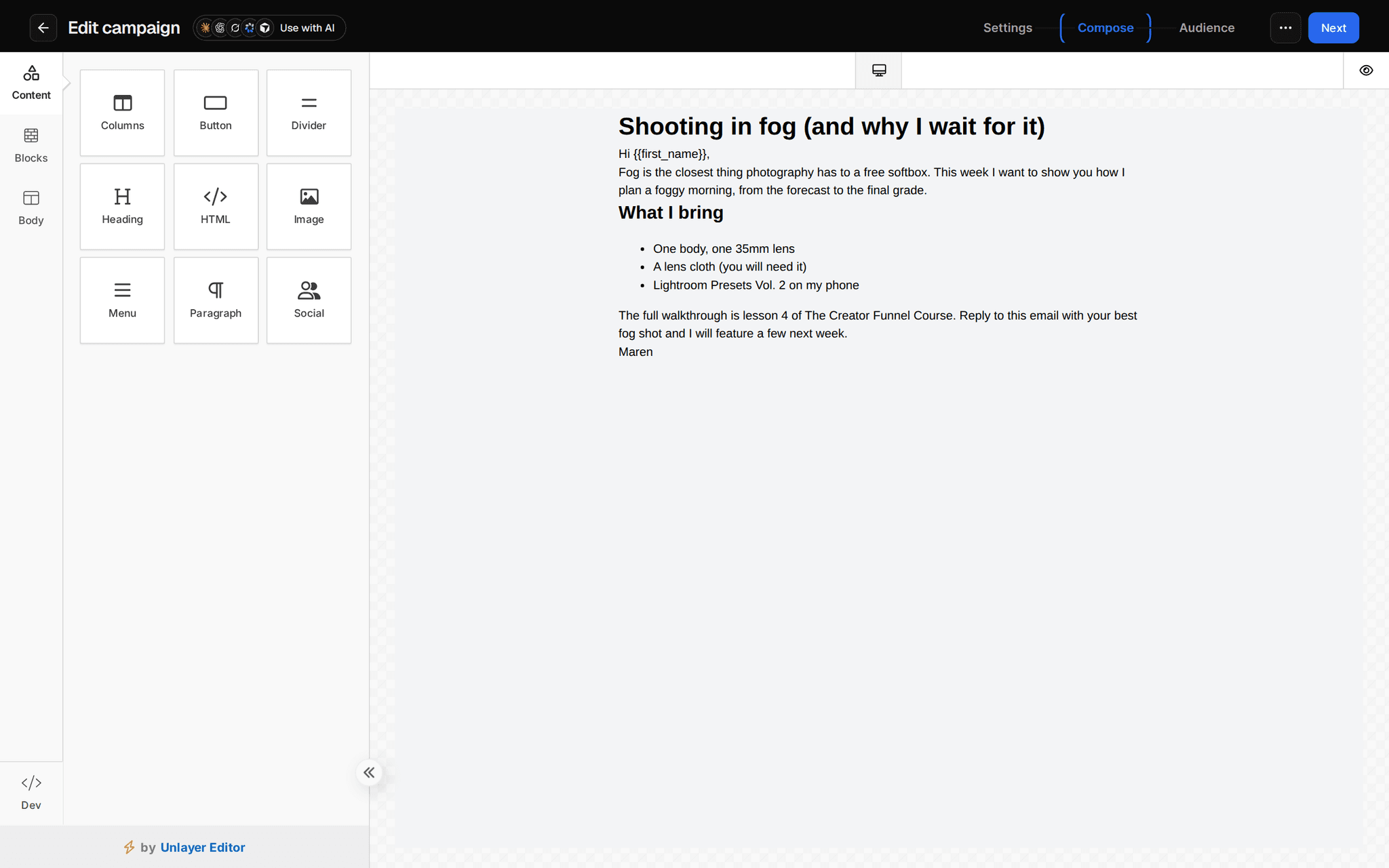 Campaign editor on the Compose tab: a drag-and-drop email builder with content blocks (columns, button, divider, heading, HTML, image, menu, paragraph, social) and the newsletter Shooting in fog (and why I wait for it)