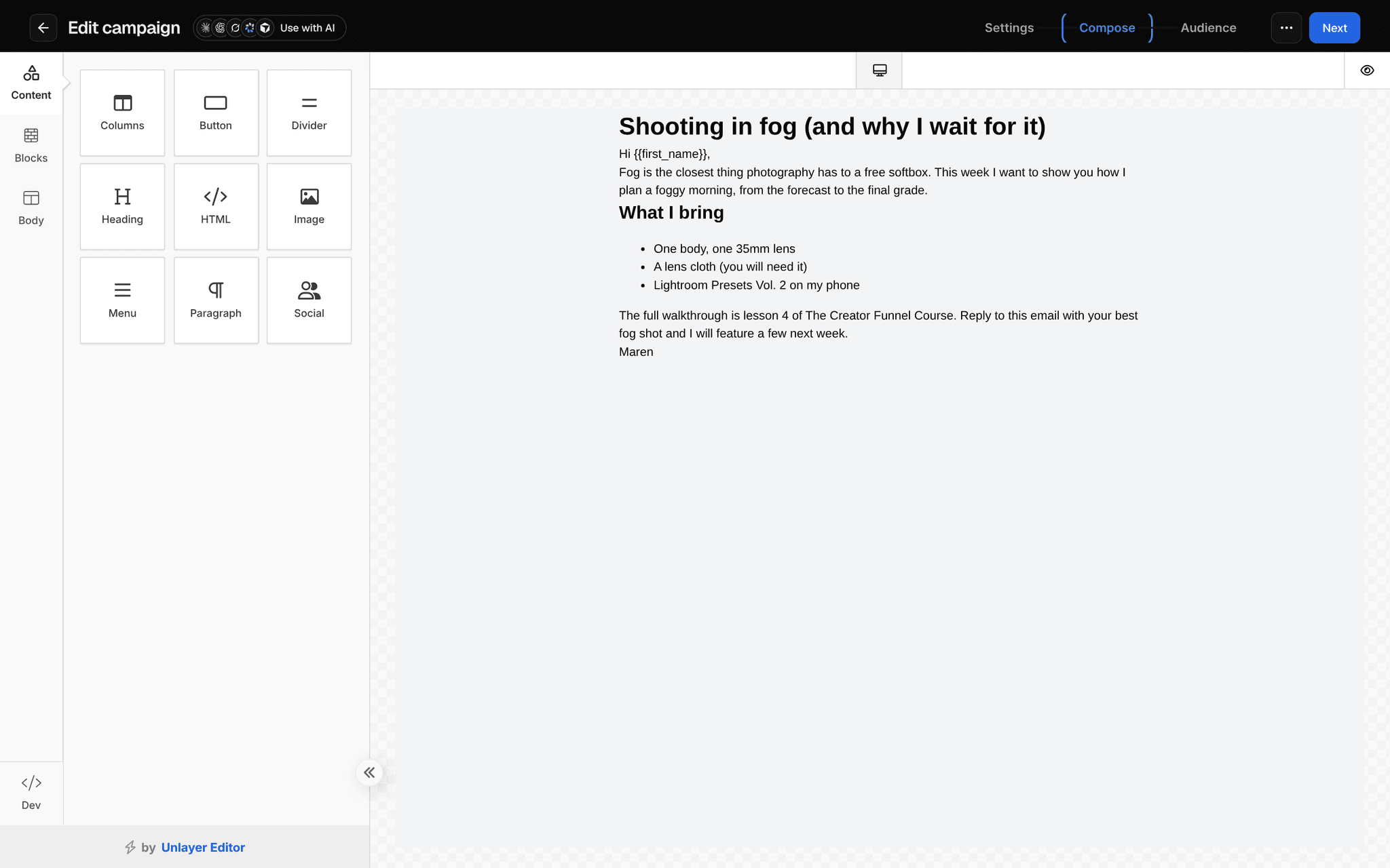 Campaign editor on the Compose tab: a drag-and-drop email builder with content blocks (columns, button, divider, heading, HTML, image, menu, paragraph, social) and the newsletter Shooting in fog (and why I wait for it)