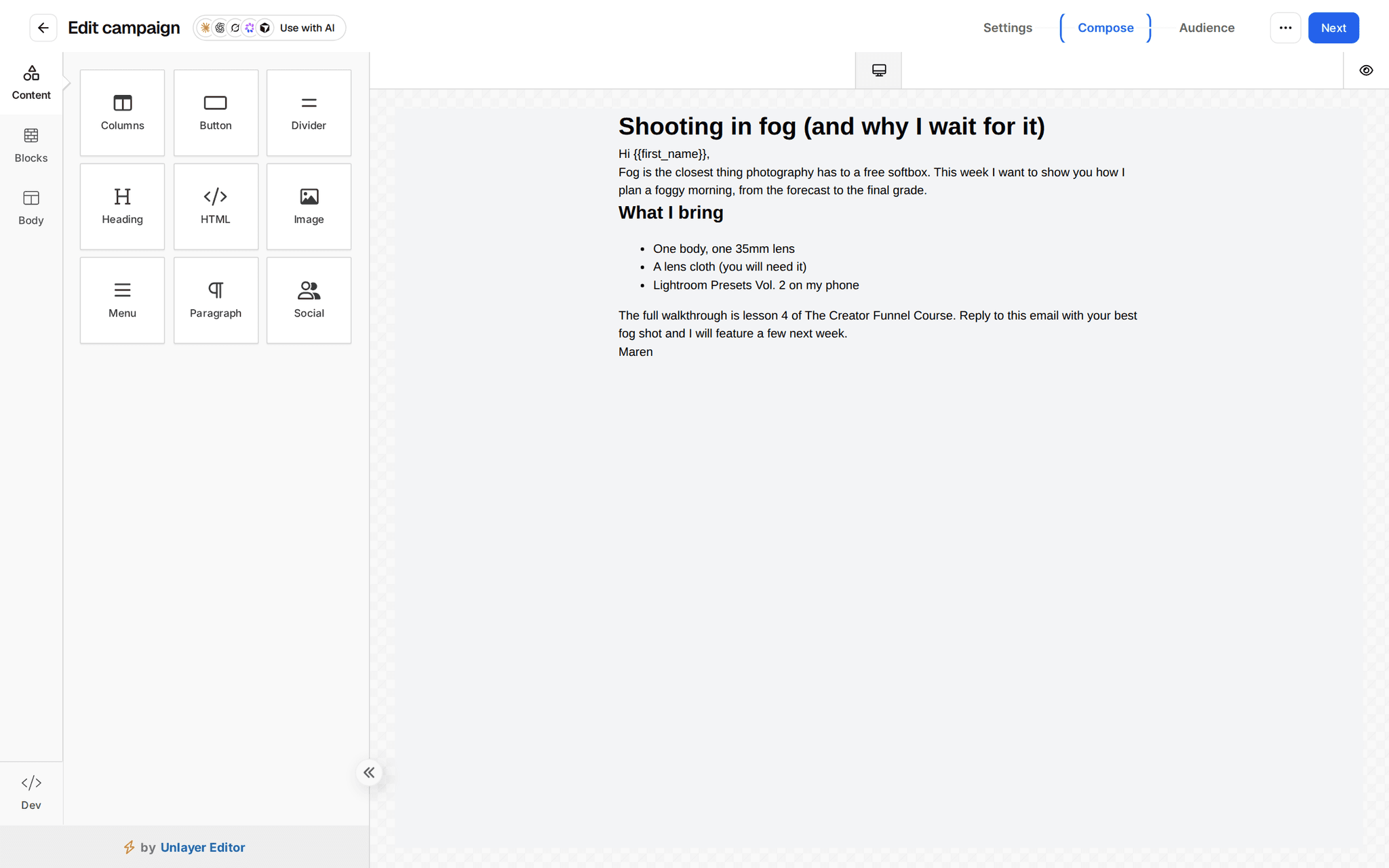Campaign editor on the Compose tab: a drag-and-drop email builder with content blocks (columns, button, divider, heading, HTML, image, menu, paragraph, social) and the newsletter Shooting in fog (and why I wait for it)