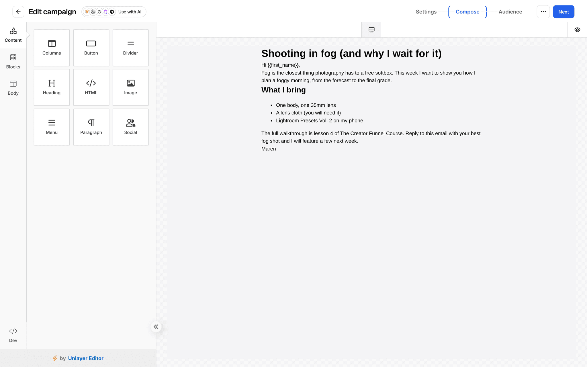 Campaign editor on the Compose tab: a drag-and-drop email builder with content blocks (columns, button, divider, heading, HTML, image, menu, paragraph, social) and the newsletter Shooting in fog (and why I wait for it)