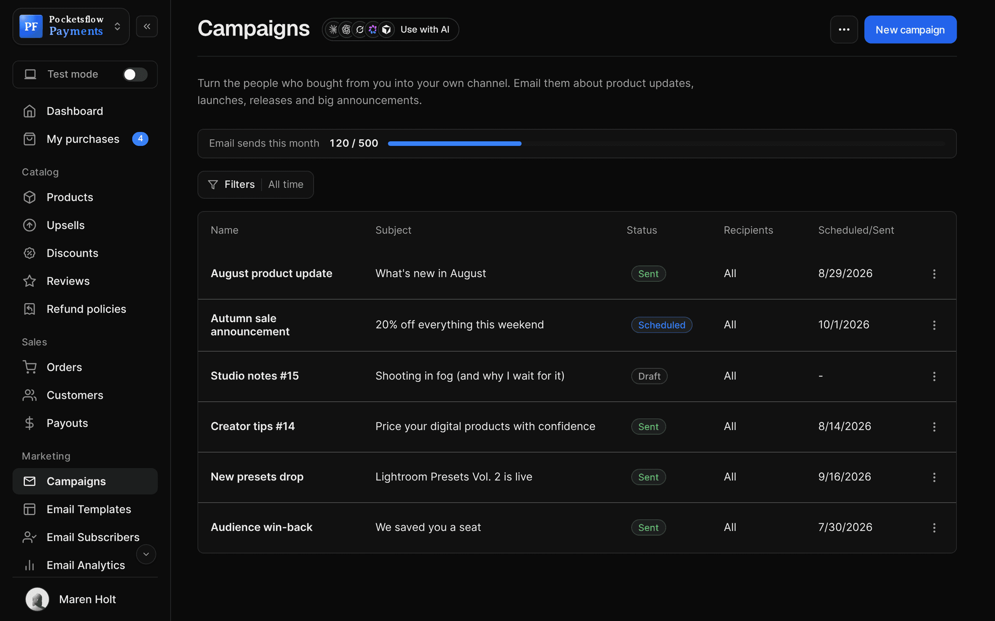 Campaigns list with 120 of 500 email sends used this month and campaigns such as August product update (sent), Autumn sale announcement (scheduled), Studio notes #15 (draft) and Lightroom Presets Vol. 2 is live