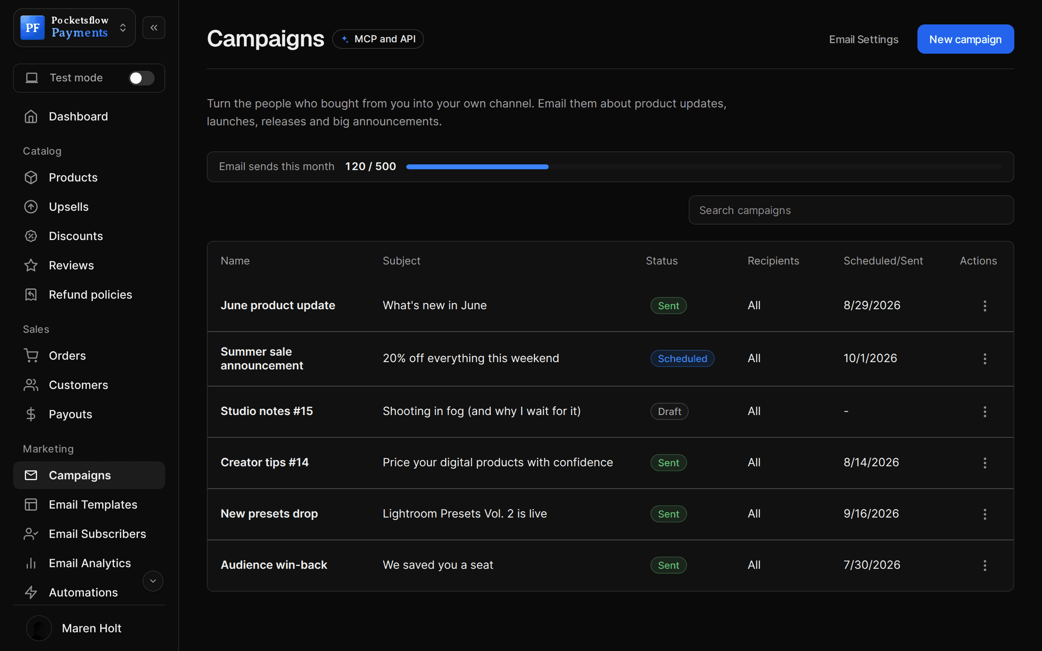 Campaigns list with 120 of 500 email sends used this month and campaigns such as June product update (sent), Summer sale announcement (scheduled), Studio notes #15 (draft) and Lightroom Presets Vol. 2 is live