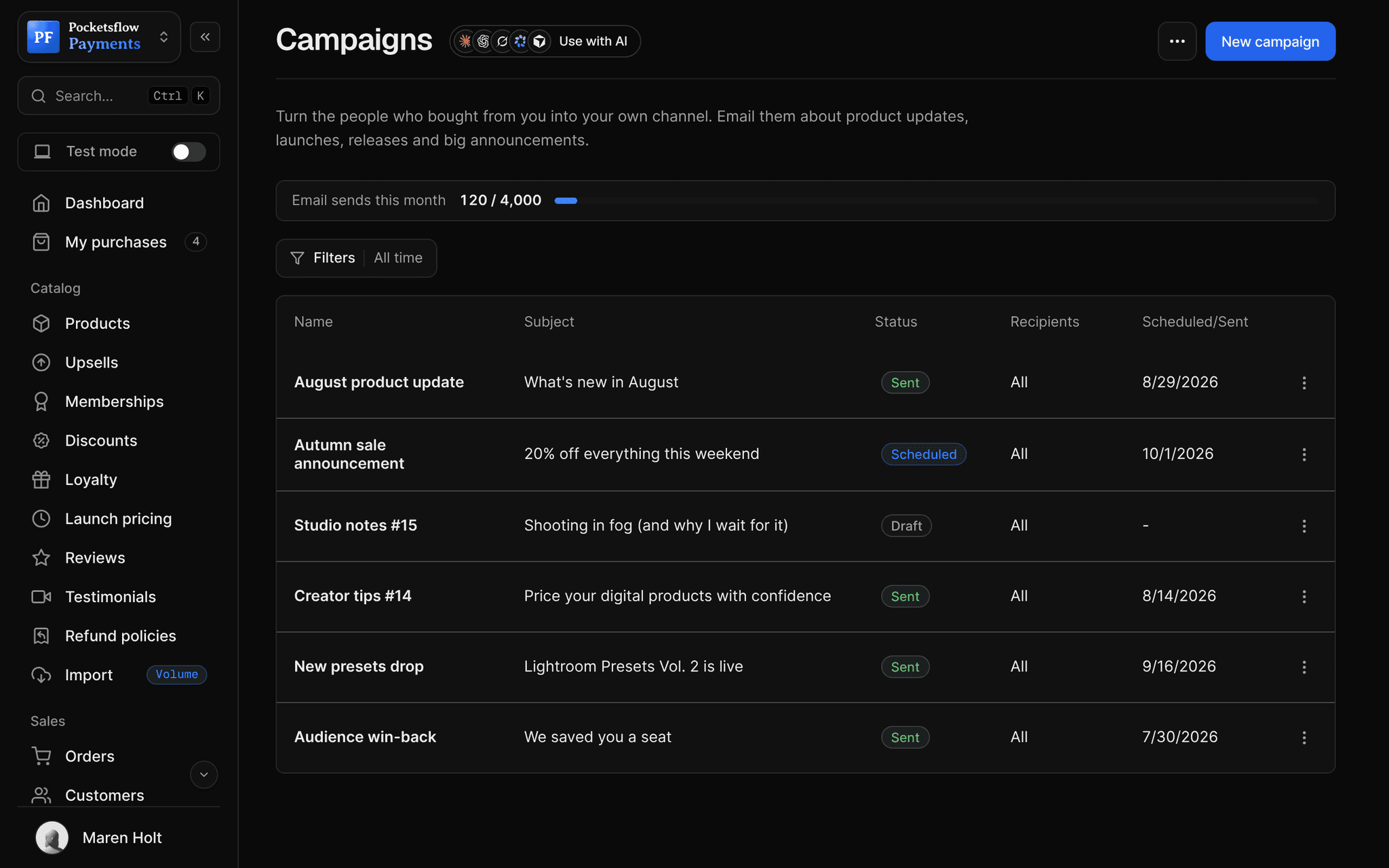 Campaigns list with 120 of 500 email sends used this month and campaigns such as August product update (sent), Autumn sale announcement (scheduled), Studio notes #15 (draft) and Lightroom Presets Vol. 2 is live