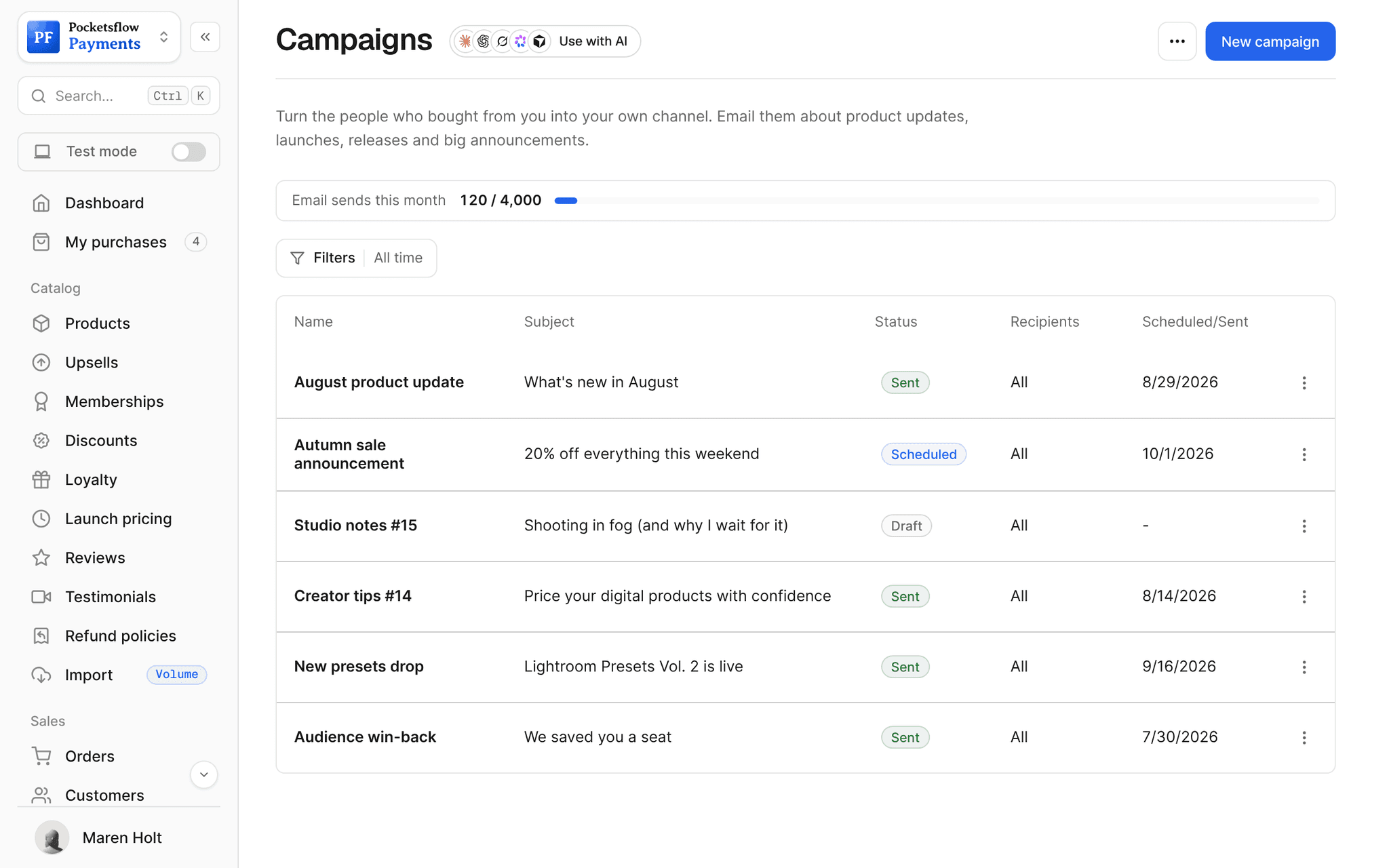 Campaigns list with 120 of 500 email sends used this month and campaigns such as August product update (sent), Autumn sale announcement (scheduled), Studio notes #15 (draft) and Lightroom Presets Vol. 2 is live