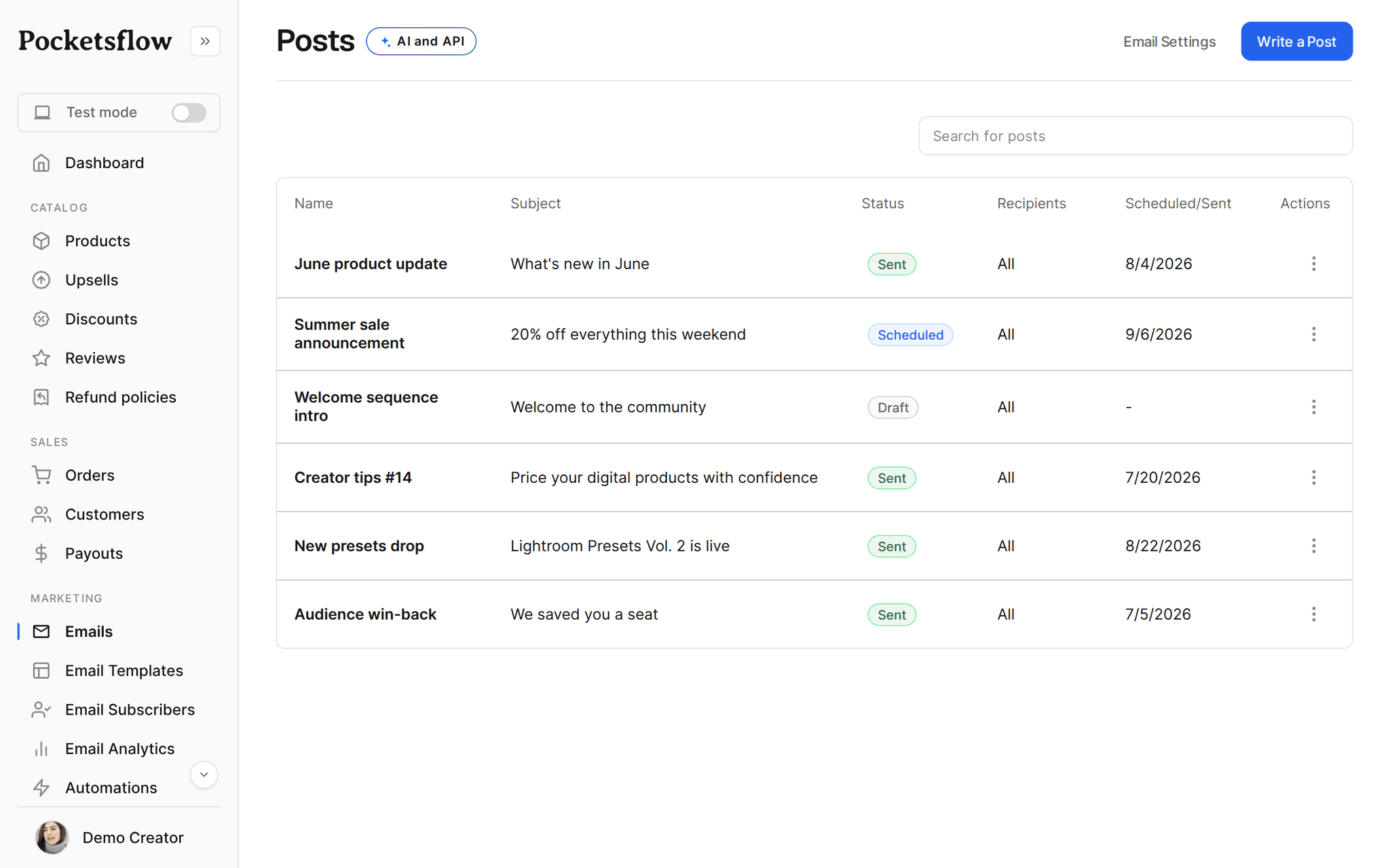 Pocketsflow email posts dashboard for newsletters