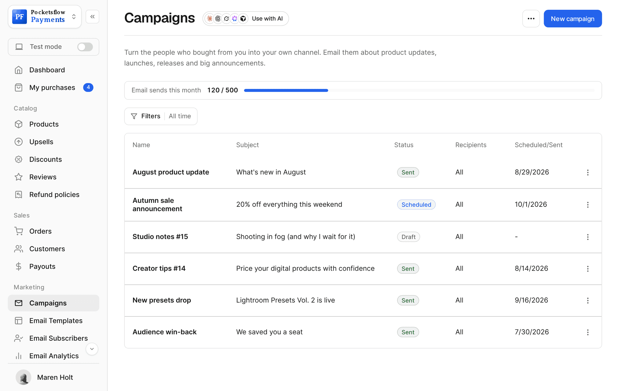 Campaigns list with 120 of 500 email sends used this month and campaigns such as August product update (sent), Autumn sale announcement (scheduled), Studio notes #15 (draft) and Lightroom Presets Vol. 2 is live