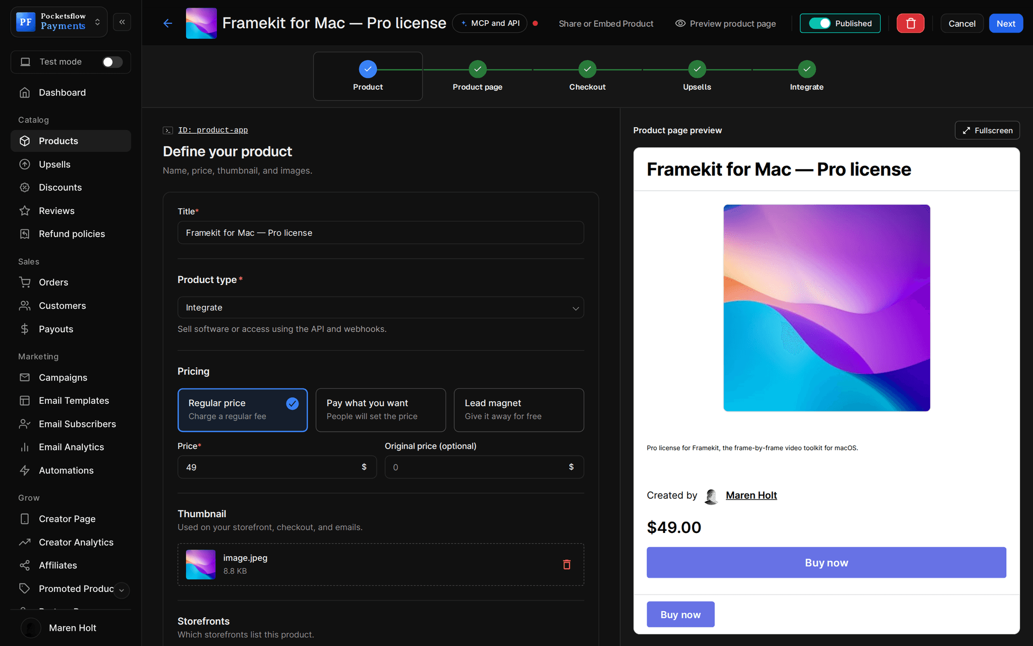 Product editor for Framekit for Mac Pro license with product type Integrate (sell software or access using the API and webhooks), a $49 price and a product page preview