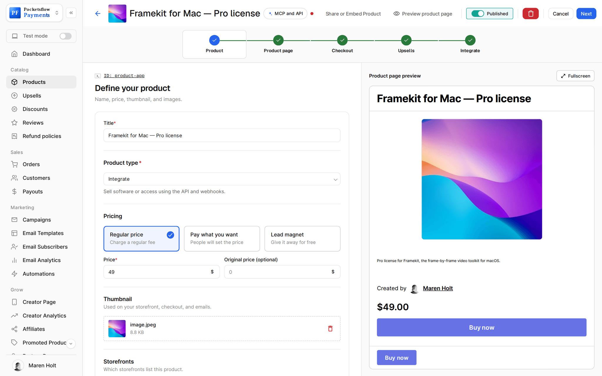 Product editor for Framekit for Mac Pro license with product type Integrate (sell software or access using the API and webhooks), a $49 price and a product page preview