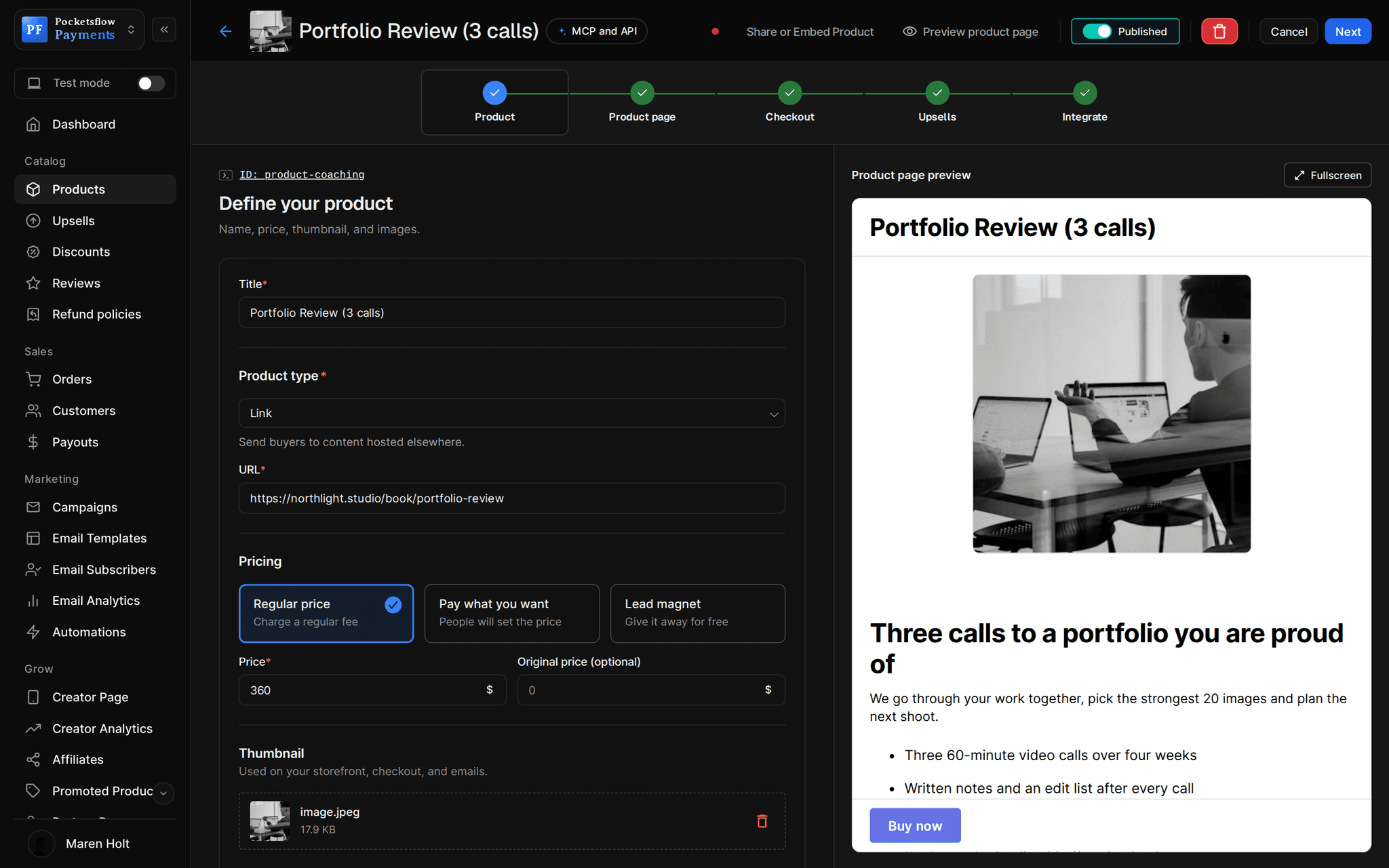 Product editor for Portfolio Review (3 calls), a $360 Link product that sends buyers to northlight.studio/book/portfolio-review, with a product page preview