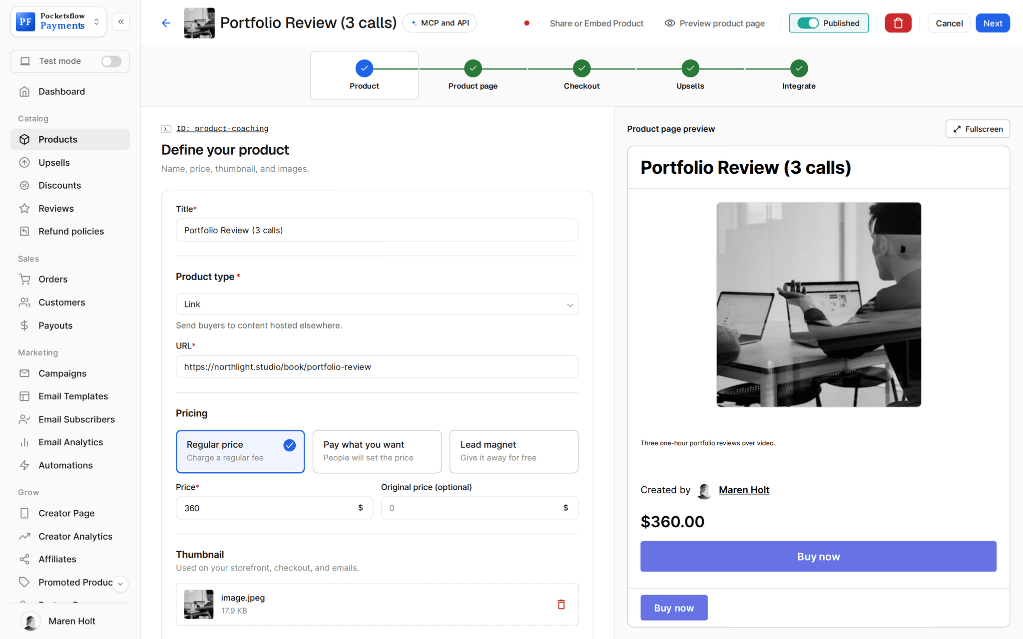 Product editor for Portfolio Review (3 calls), a $360 Link product that sends buyers to northlight.studio/book/portfolio-review, with a product page preview
