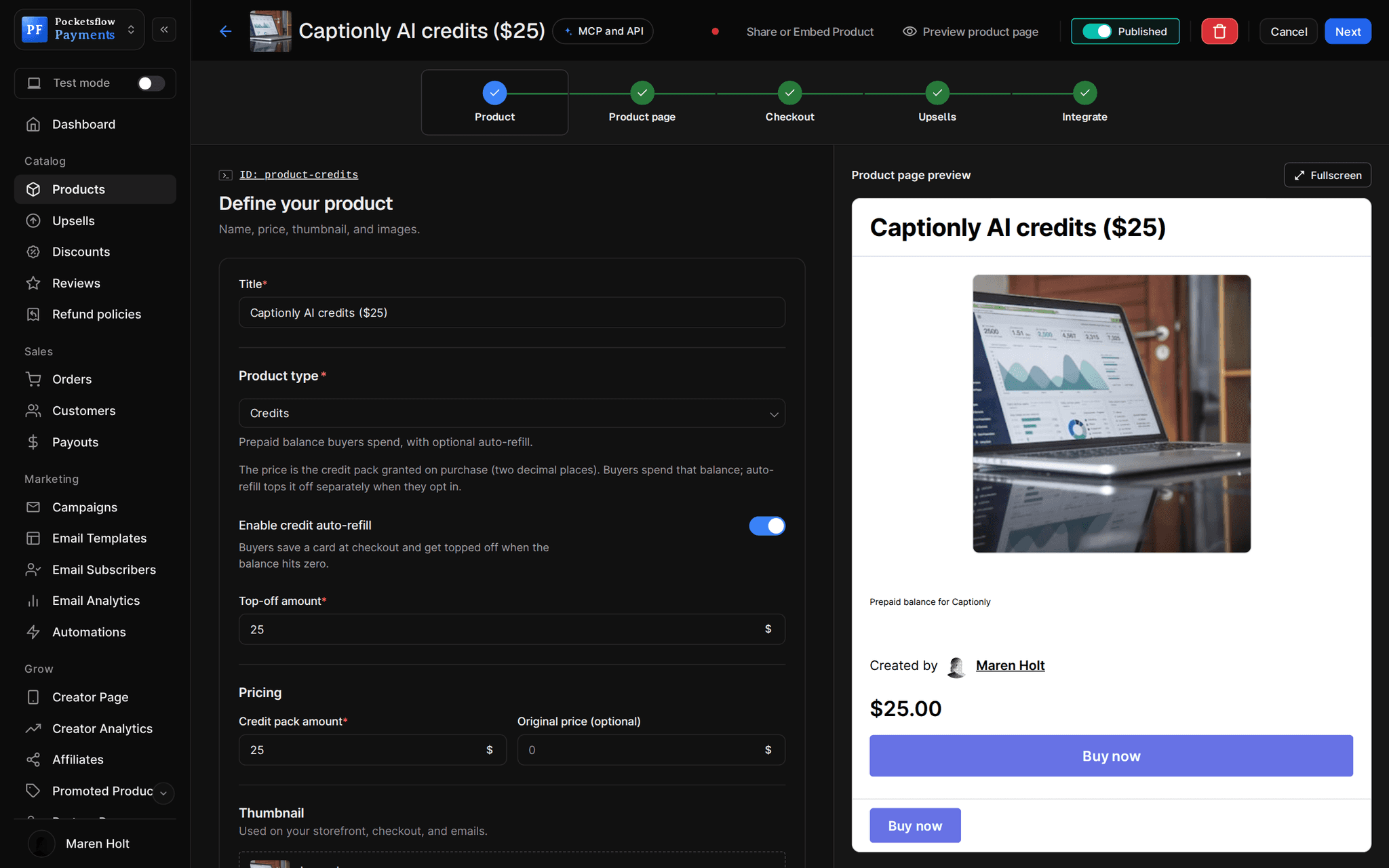 Product editor for Captionly AI credits ($25) with product type Credits, credit auto-refill enabled, a $25 top-off amount and a $25 credit pack amount, beside a product page preview